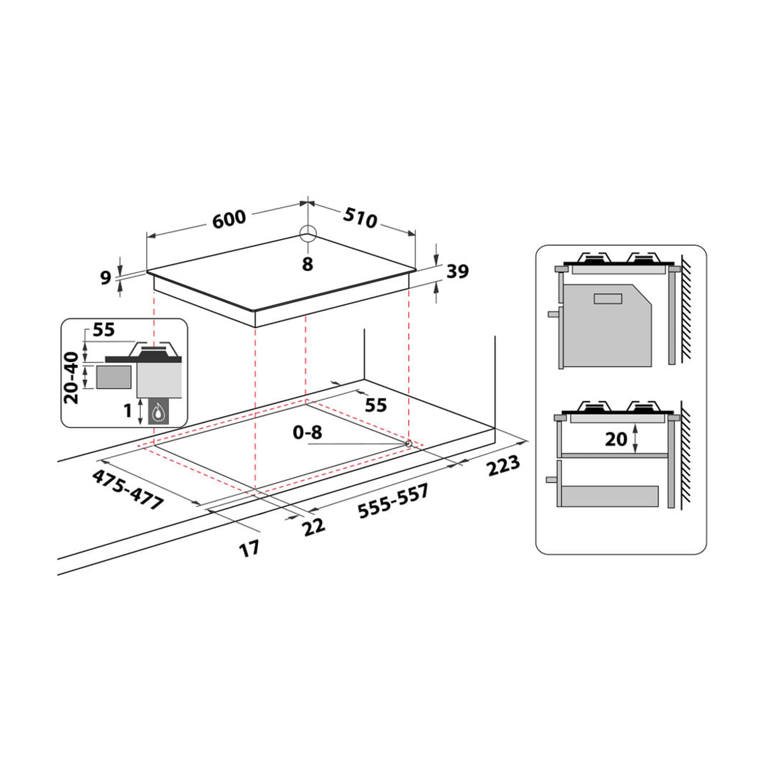 Schema di un piano cottura con dimensioni e istruzioni di taglio. Linee nere, sfondo bianco.
