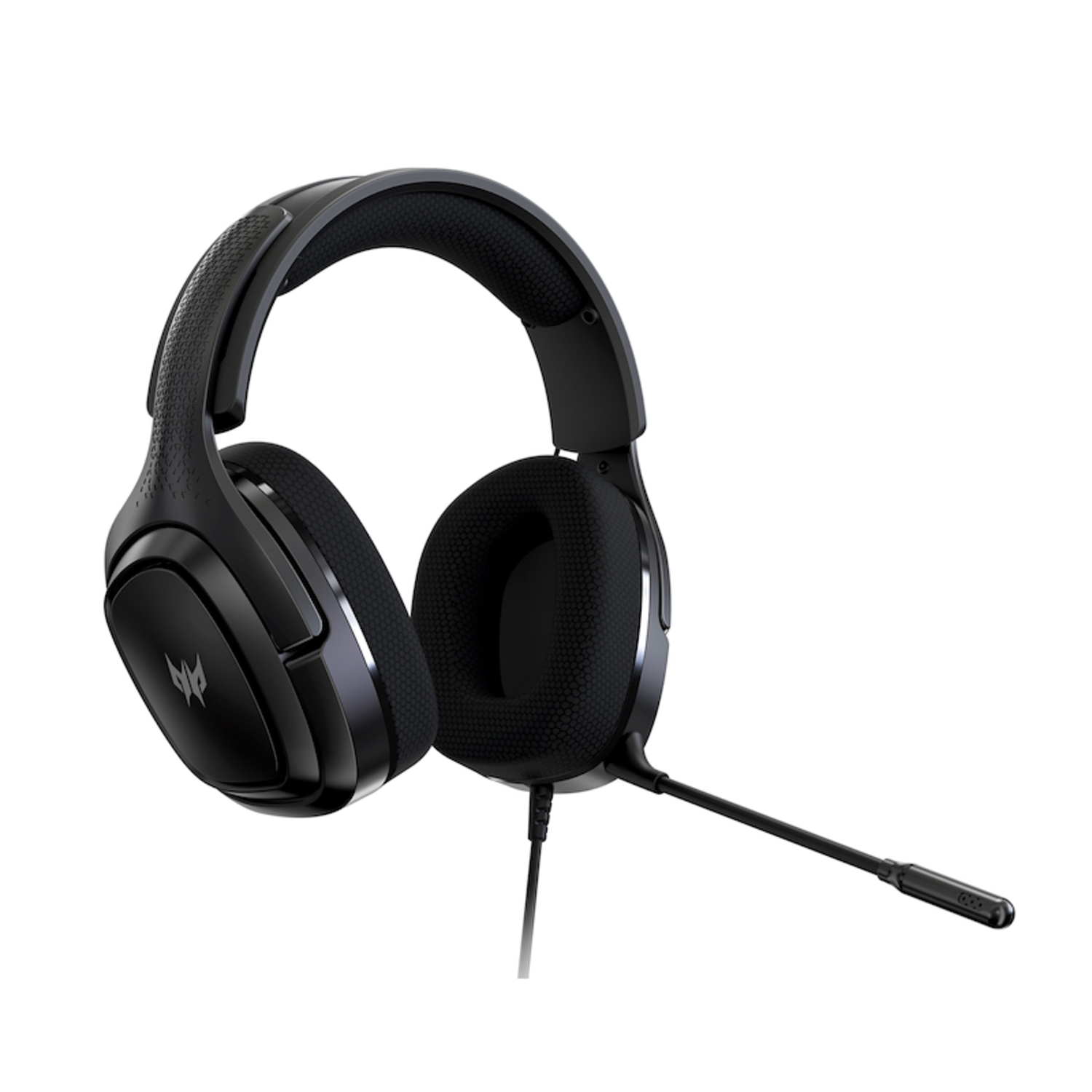 Black gaming headset with a microphone, isolated on white.