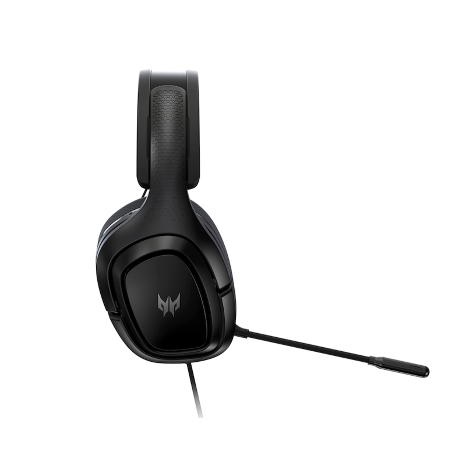 Black gaming headset with a microphone. The headset is angled and isolated on white background.