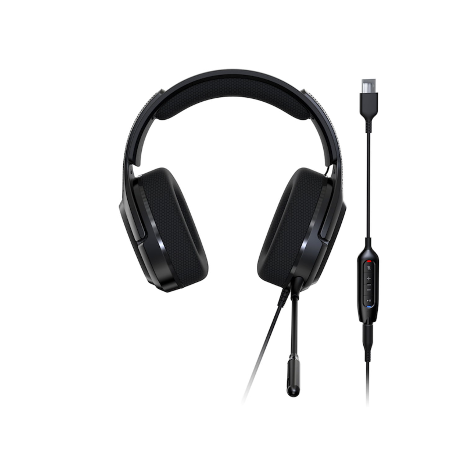 Black headset with a microphone and a control module, isolated on white background.