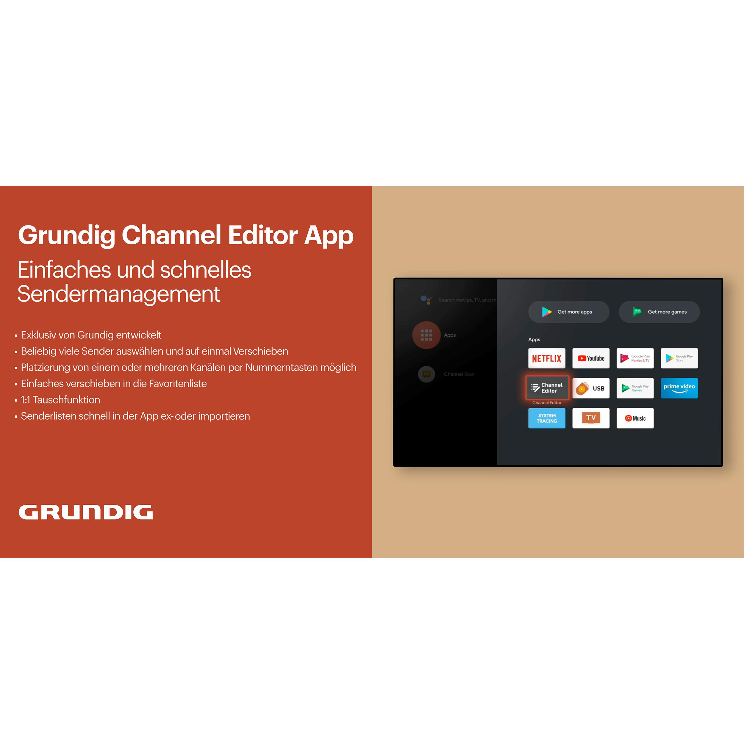 Grundig Channel Editor App Oberfläche auf einem Fernsehbildschirm und Text.