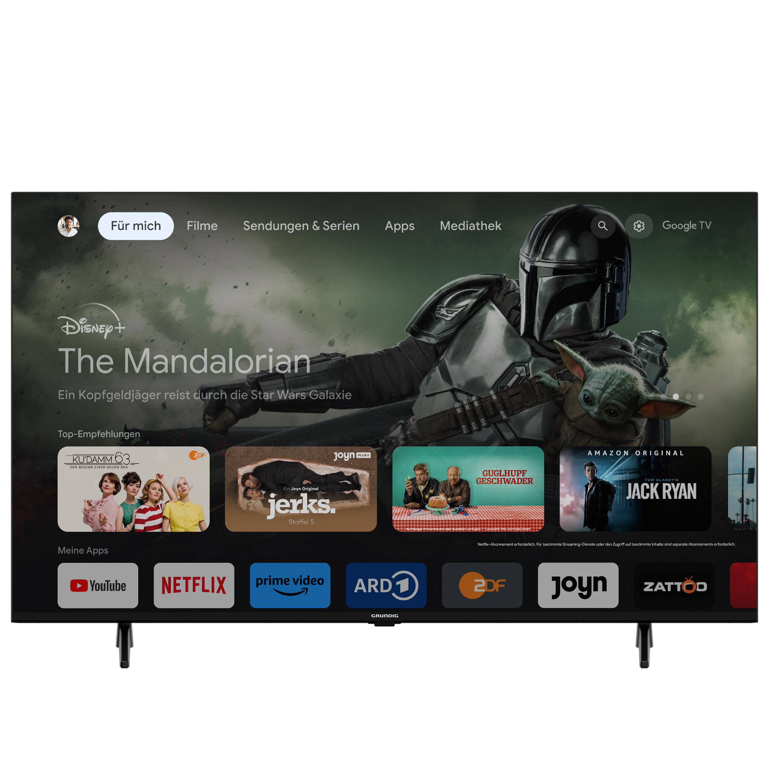 Smart-TV zeigt The Mandalorian. Verschiedene Apps und Sendungen werden auf dem Bildschirm angezeigt.