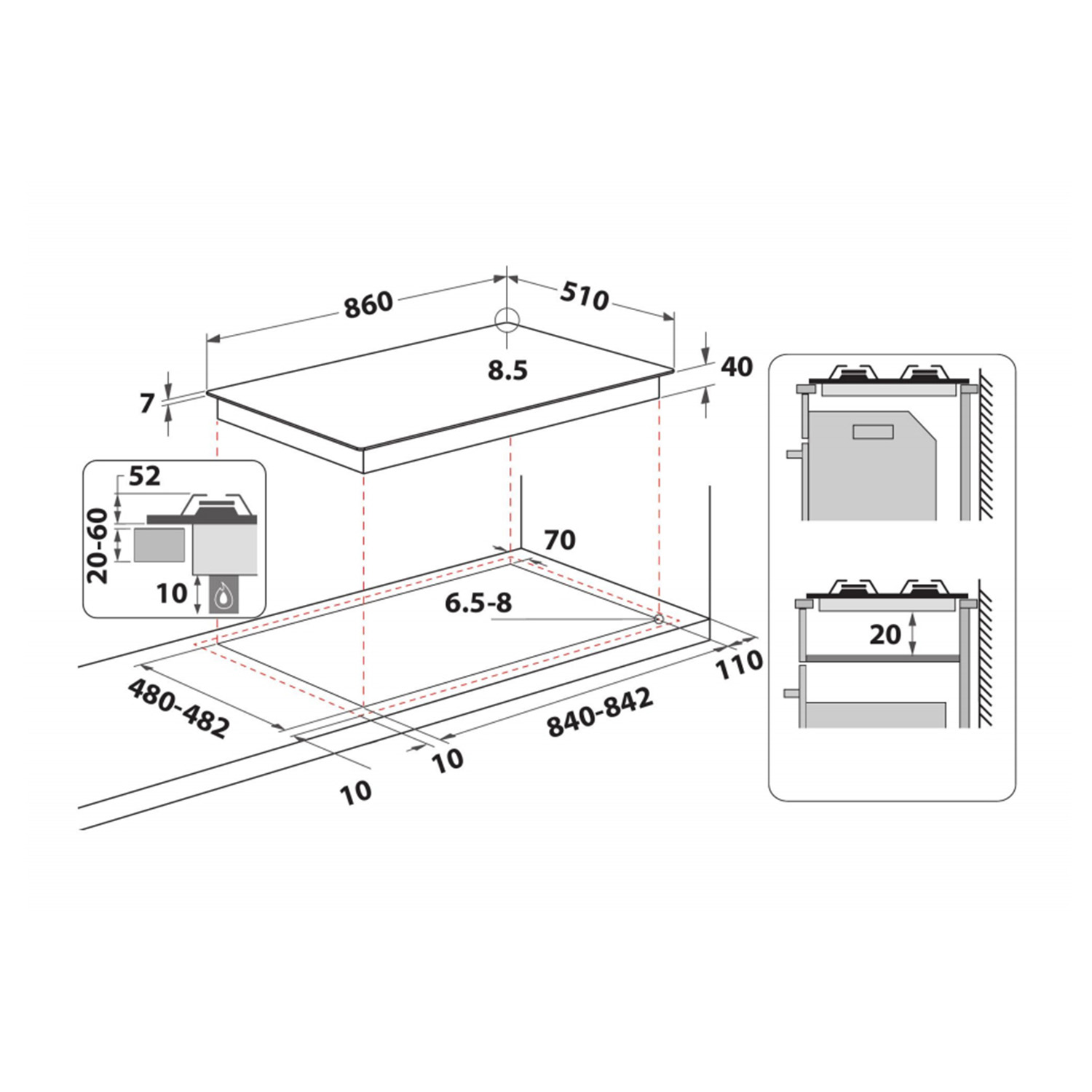 Diagramma con misure per un piano cottura, che mostra dimensioni e specifiche per l'installazione.
