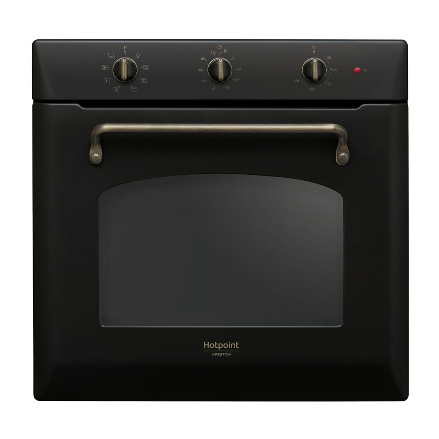 Forno nero da incasso con tre manopole, una maniglia e una porta a vetro con marchio.