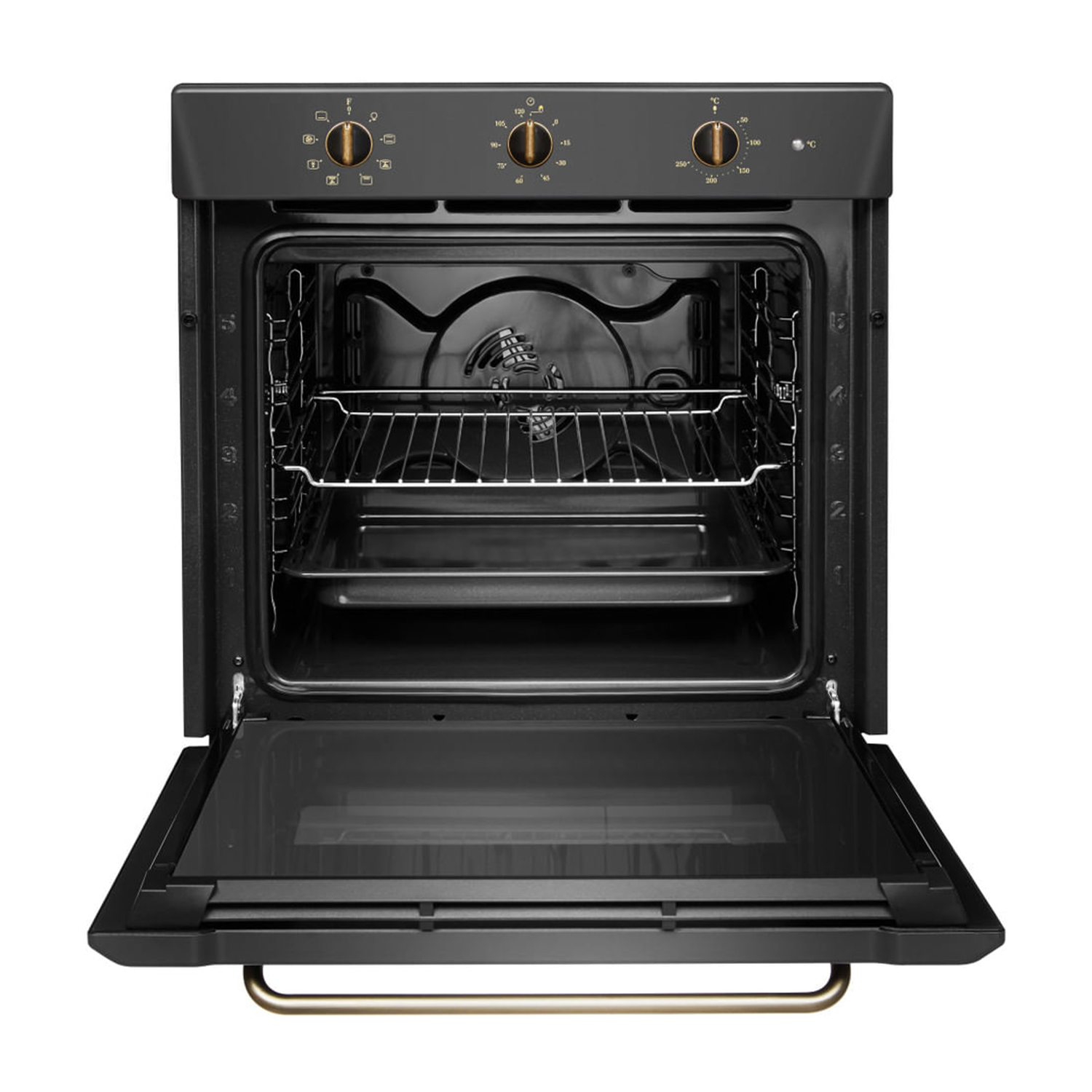 Un forno aperto con la porta abbassata, che mostra le griglie interne e un interno scuro.