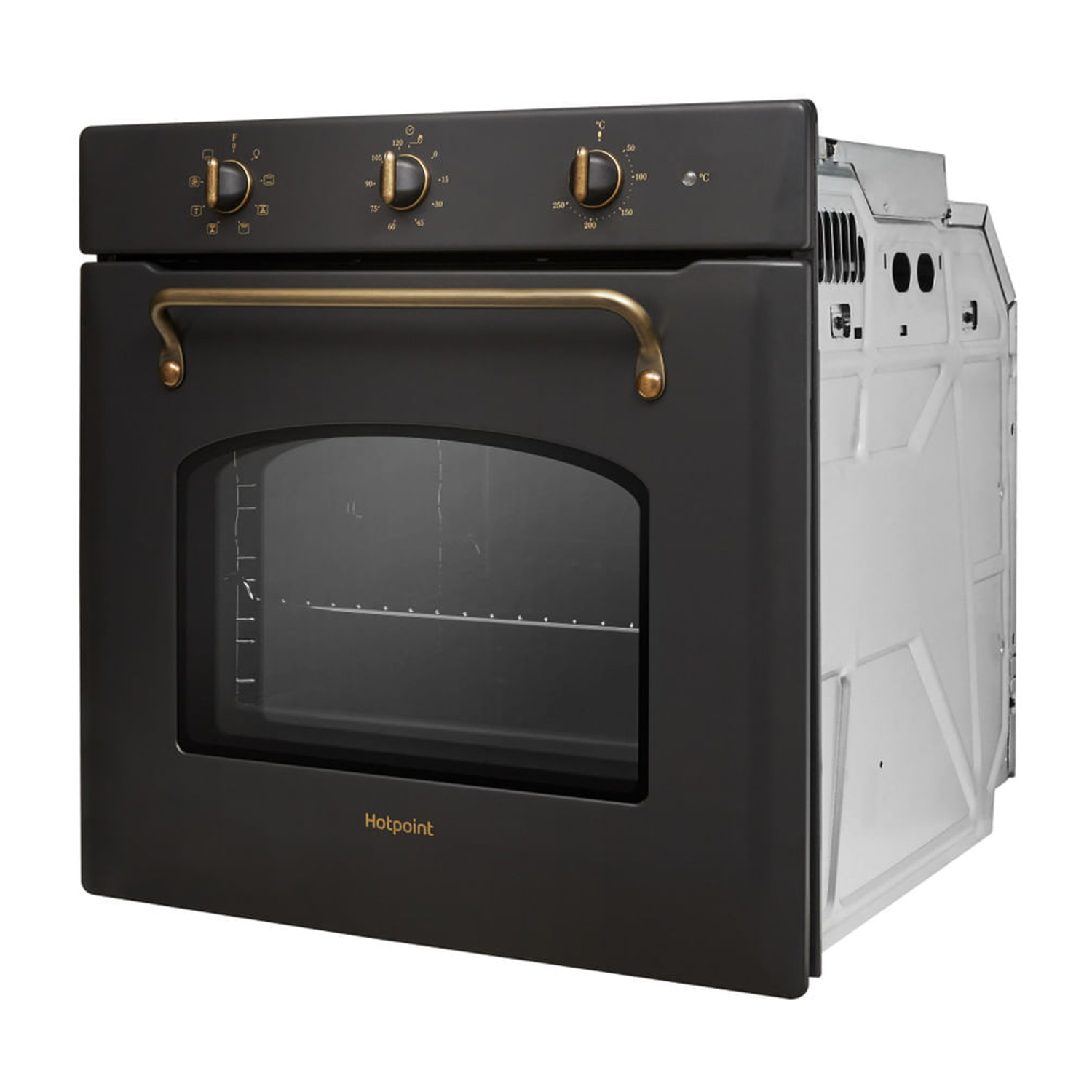 Forno Hotpoint nero con dettagli dorati, porta aperta, che mostra l'interno.