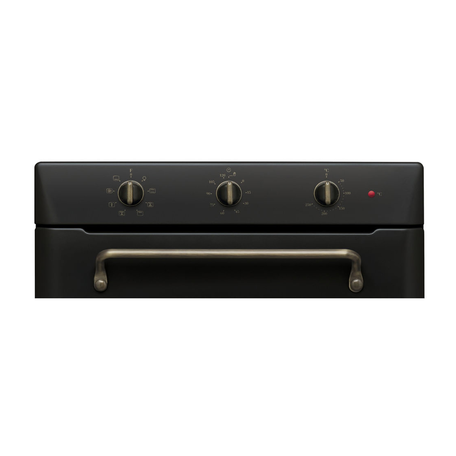 Pannello comandi forno nero con manopole e luce rossa.