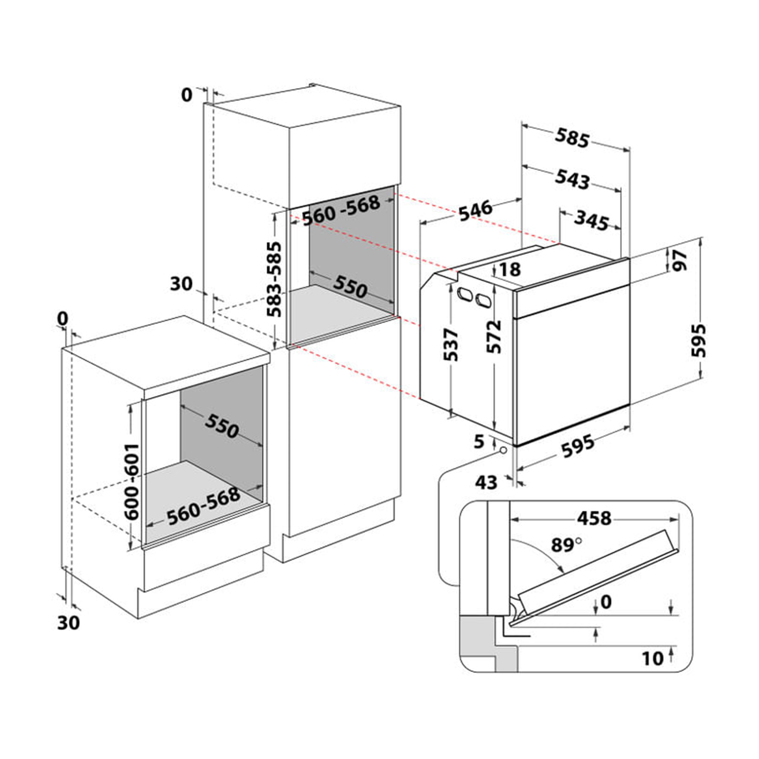Diagramma di forno e mobile a incasso, con misure e dimensioni.