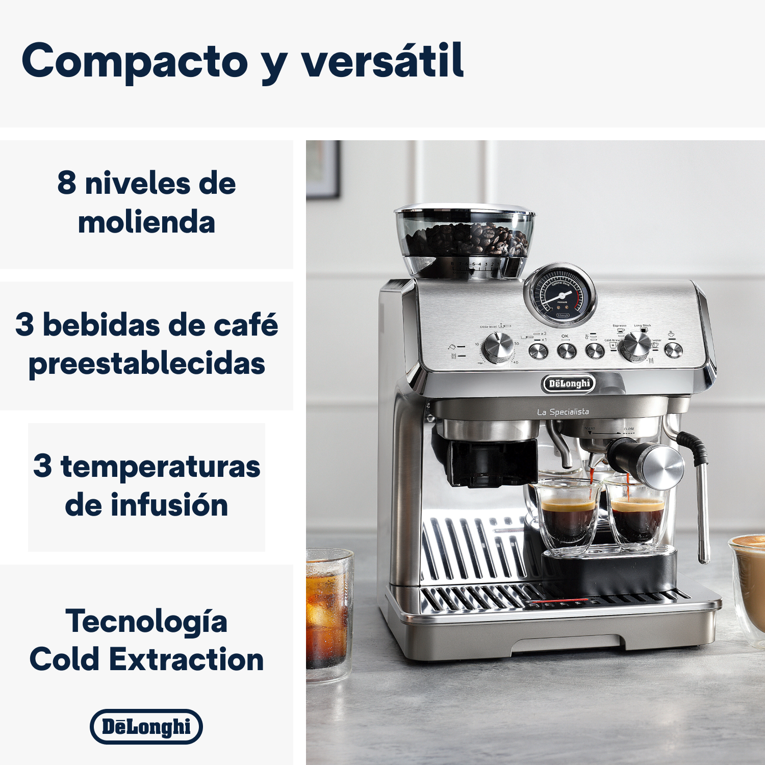 Máquina de espresso plateada con vaso y descripción de texto.