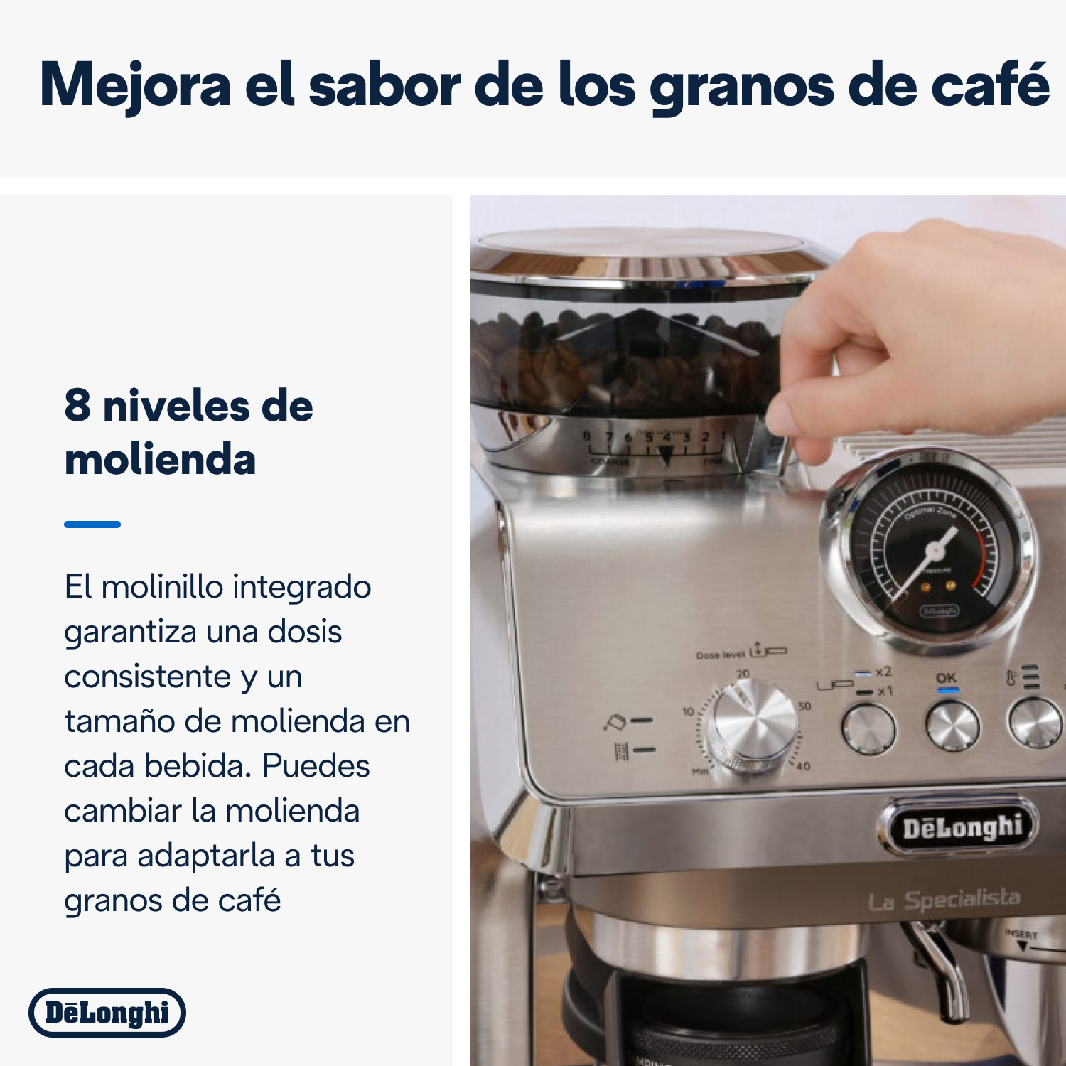 Cafetera con molinillo. Mano ajustando el nivel de molienda. Texto sobre sabor del café.