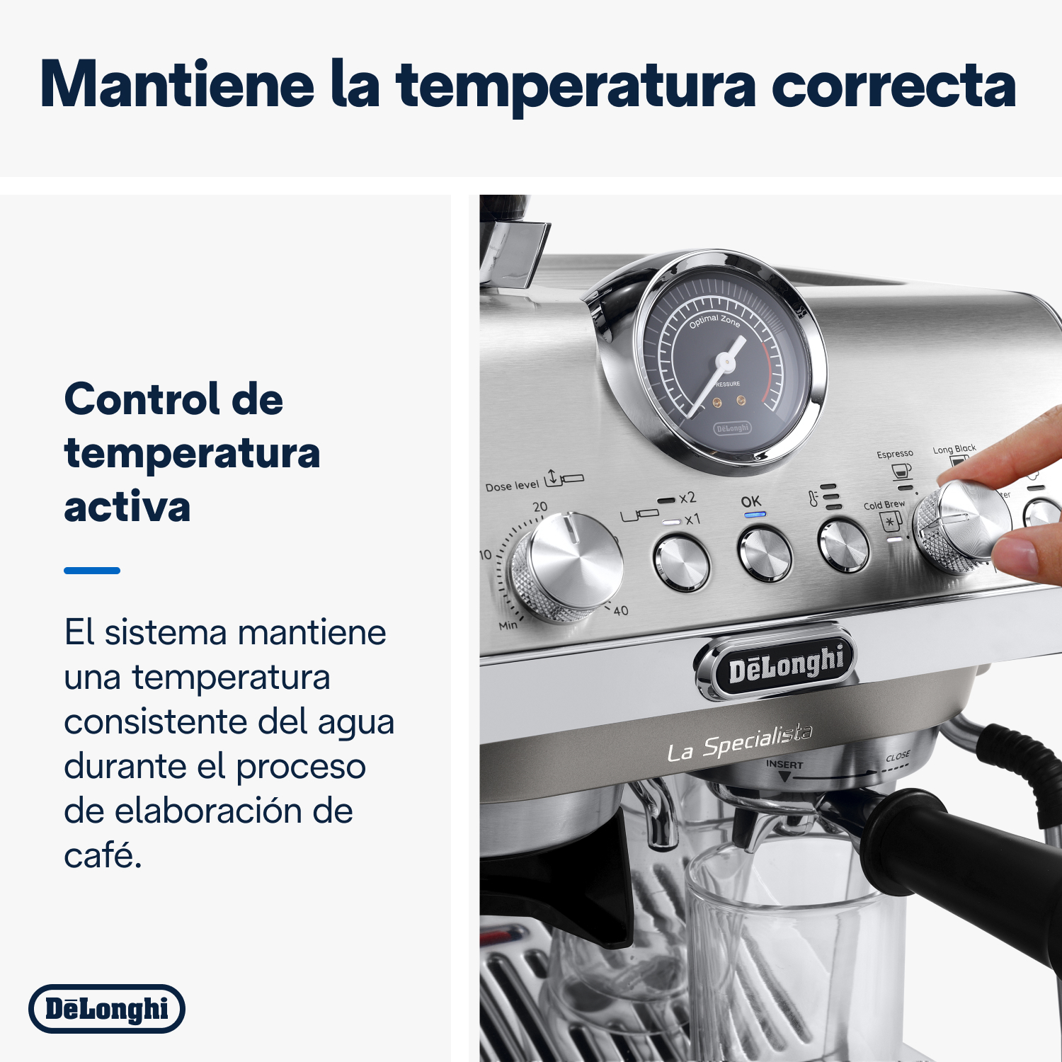 Cafetera con textos en español, mostrando control de temperatura.