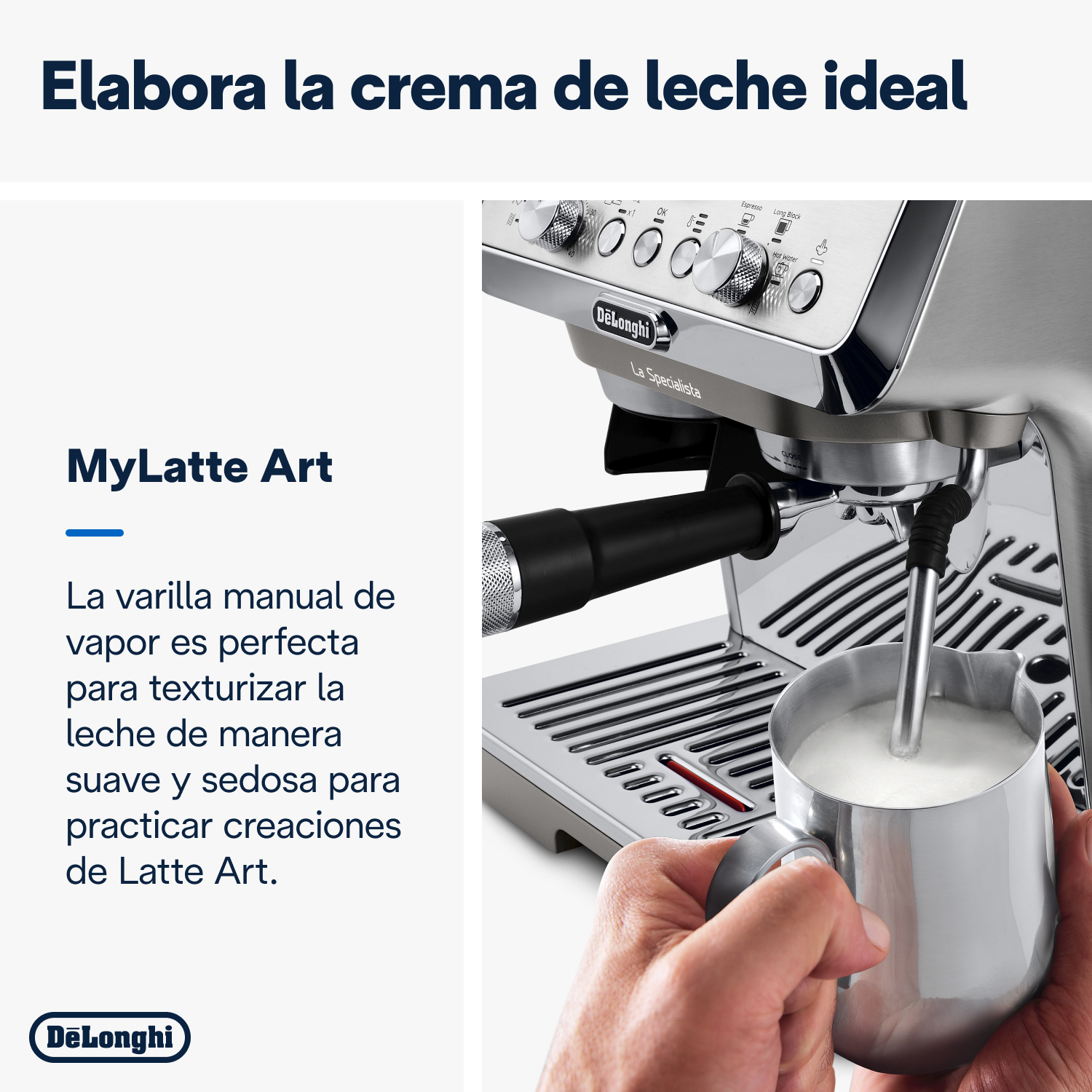 Una cafetera DeLonghi, con una mano espumando leche en una jarra plateada.