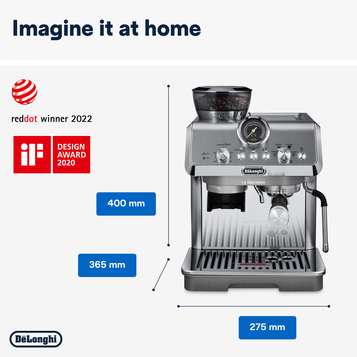 Máquina de espresso DeLonghi La Specialista plateada con tolva de granos de café y dimensiones mostradas.