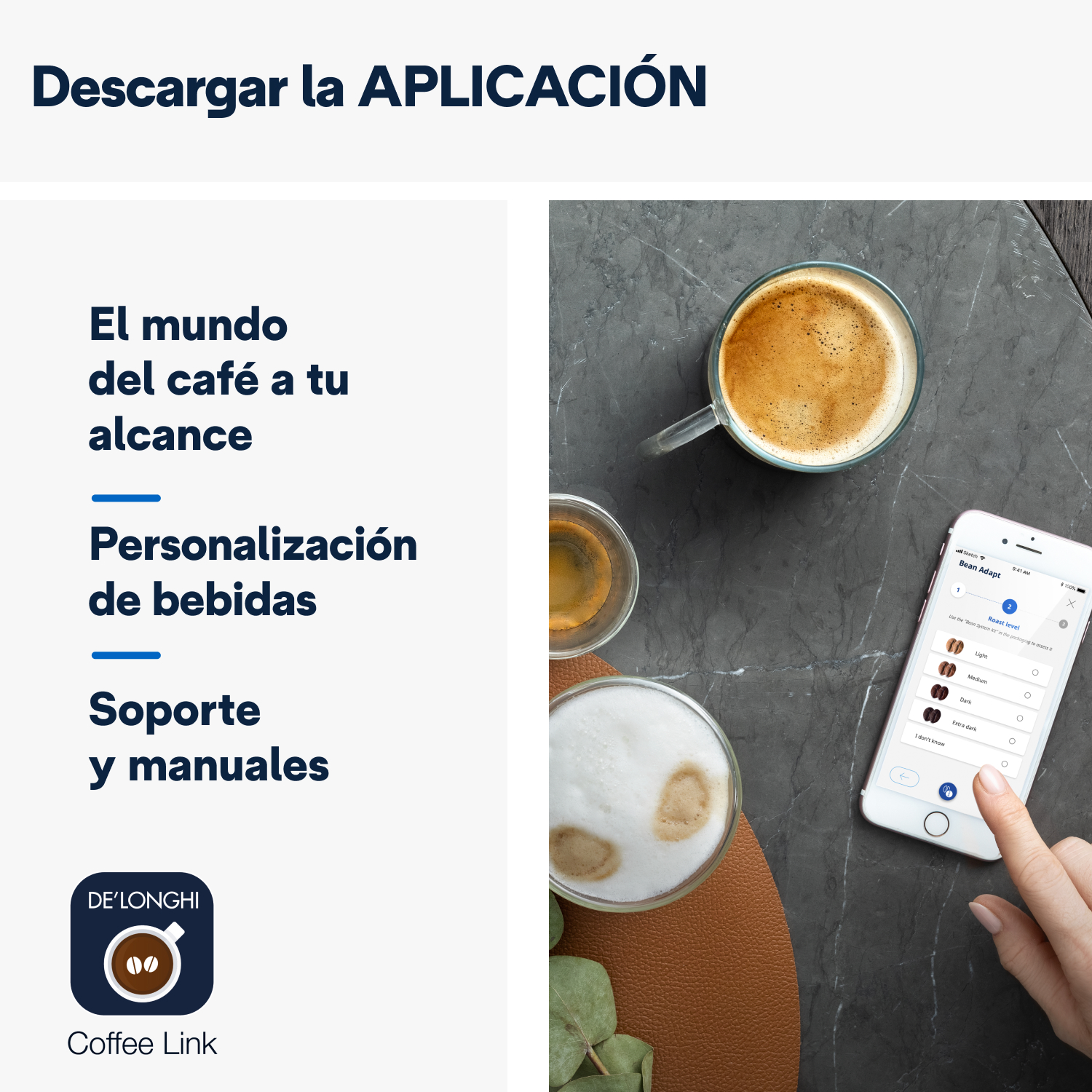 Una imagen con café en vasos de vidrio y un teléfono mostrando una aplicación. Texto en español.
