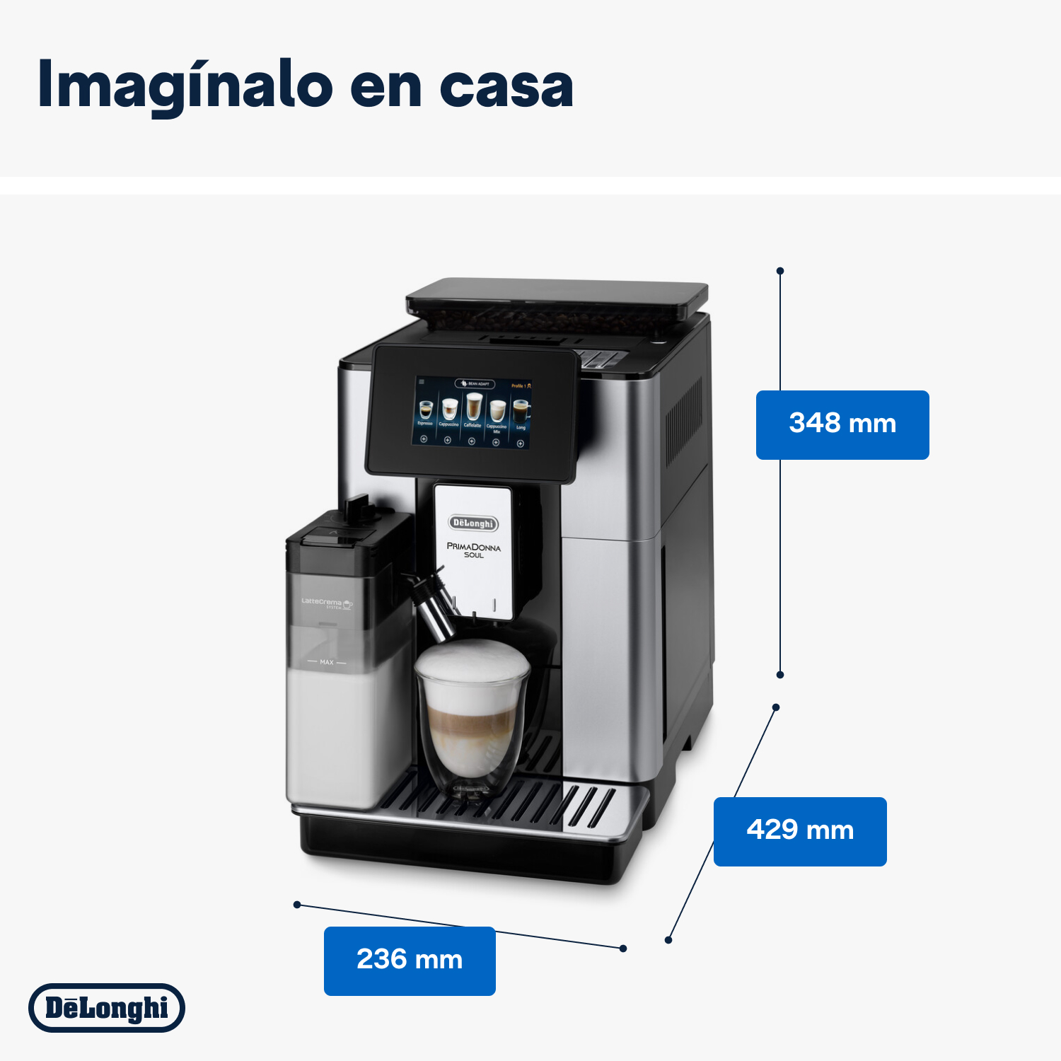 Cafetera Delonghi, negra y plateada, con dimensiones. Fondo blanco.