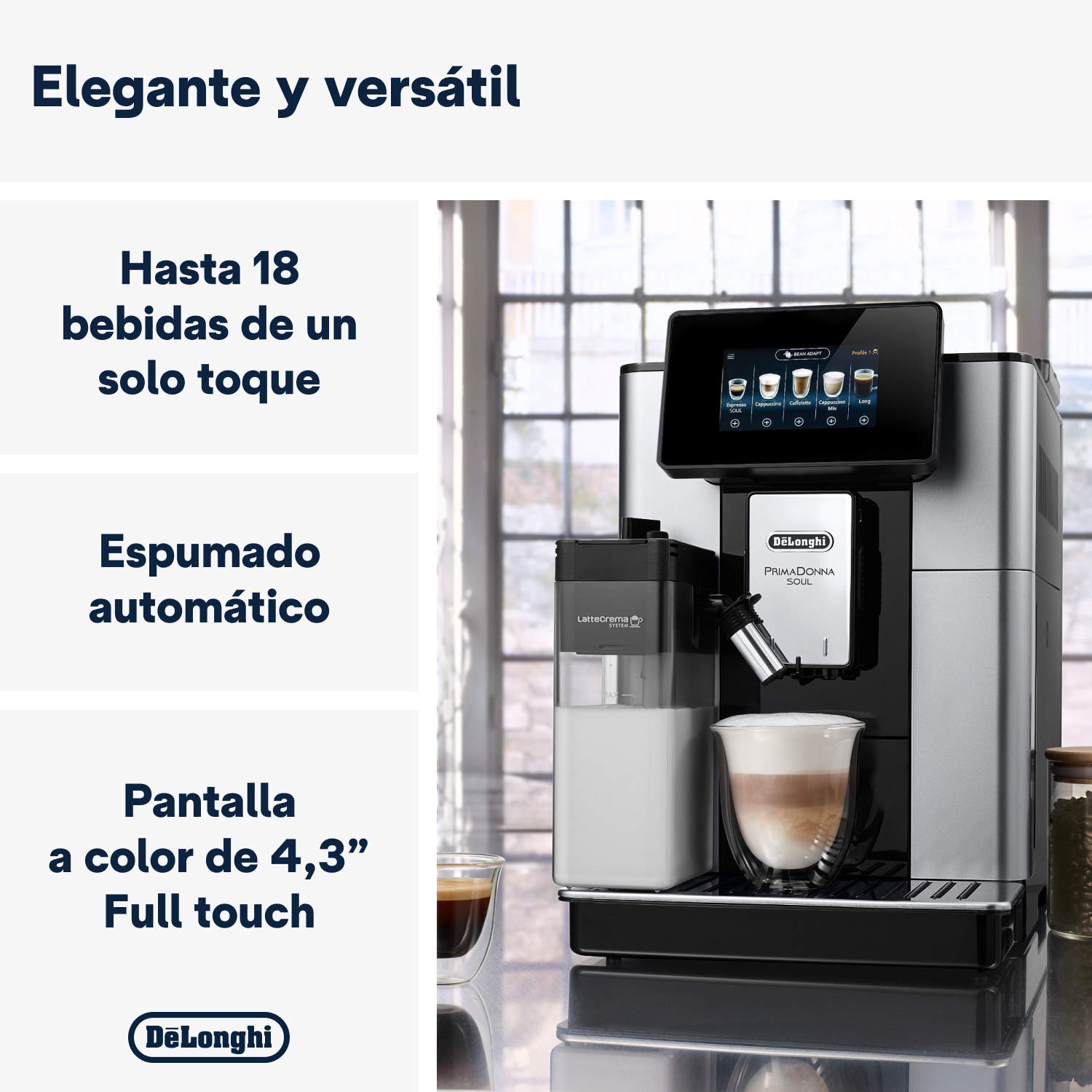 Cafetera. Pantalla muestra opciones de bebidas. Espumador de leche a la izquierda. Latte en vaso.