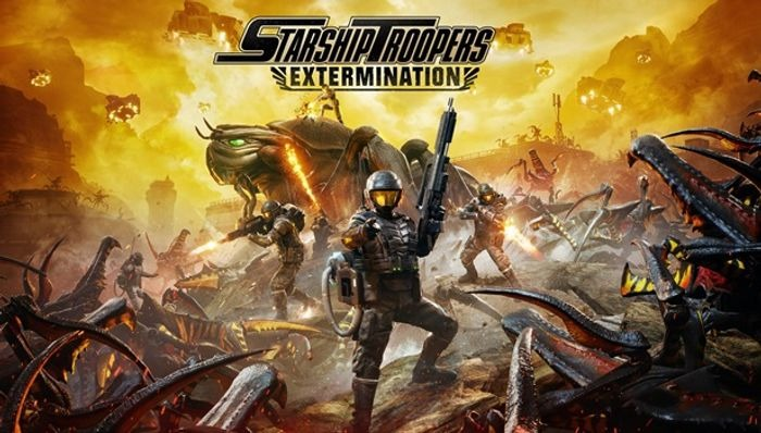 Sci-fi game cover met soldaten die vechten tegen gigantische alien bugs. Explosies en ruimteschepen.