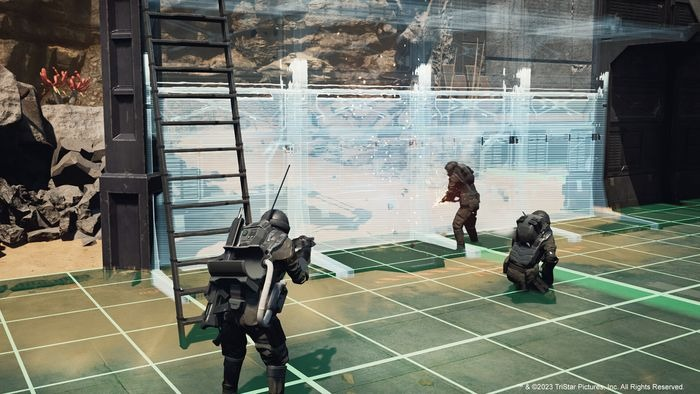 Drie soldaten in gevechtsuitrusting, bij een metalen ladder, futuristisch.