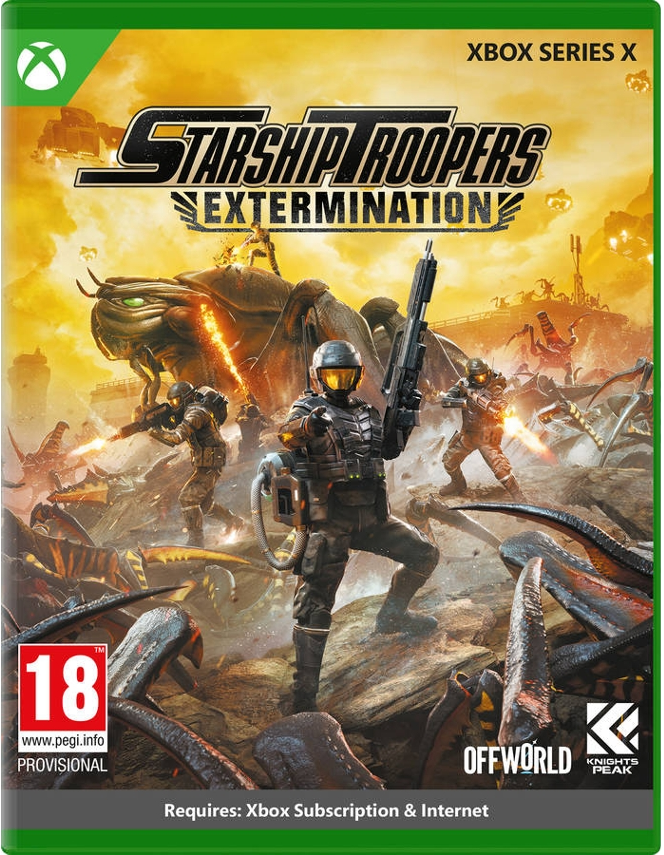 Game cover: Soldaten vechten tegen alien bugs. Titel: Starship Troopers: Extermination.