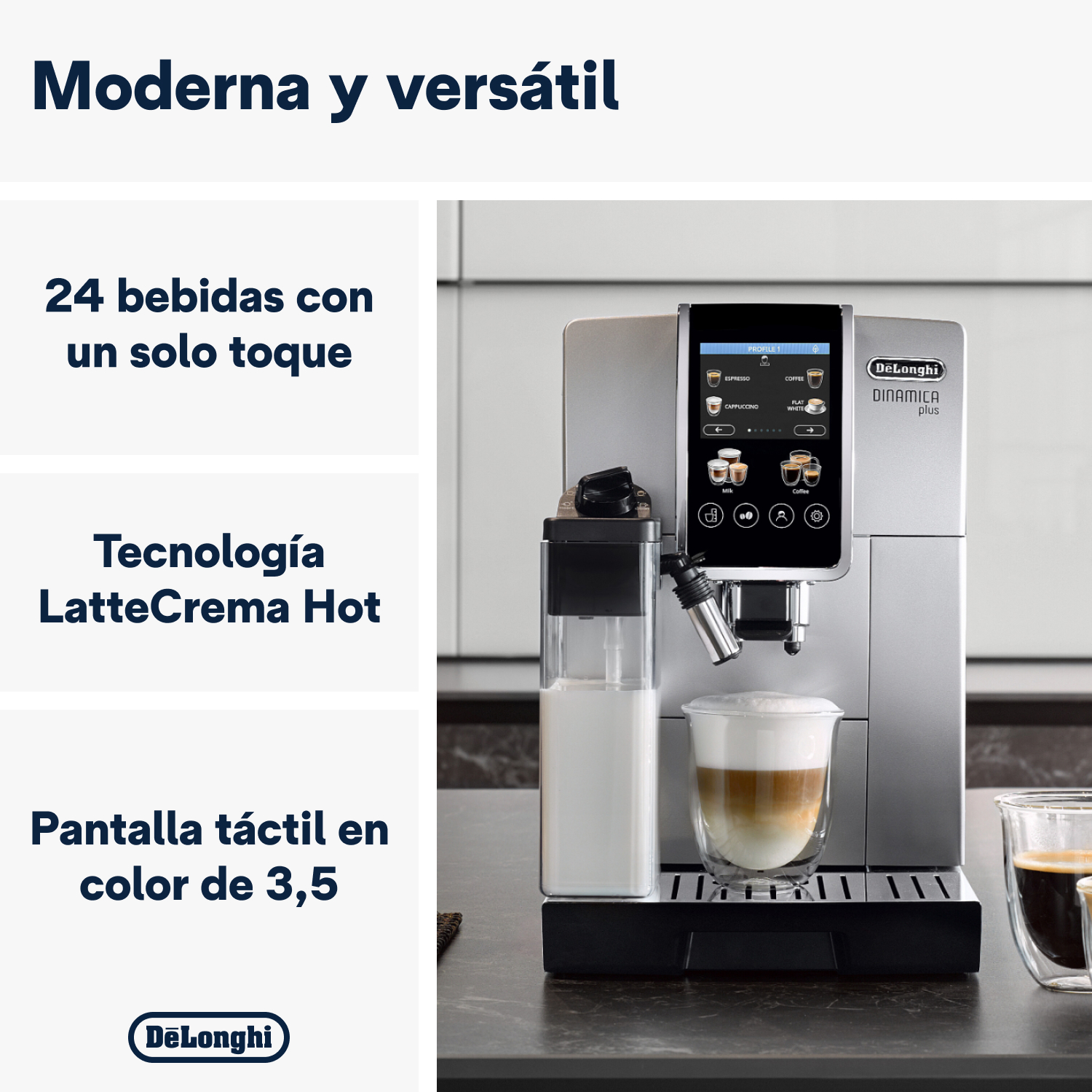 Máquina de espresso con pantalla táctil. Espumador de leche y vaso con café en capas.