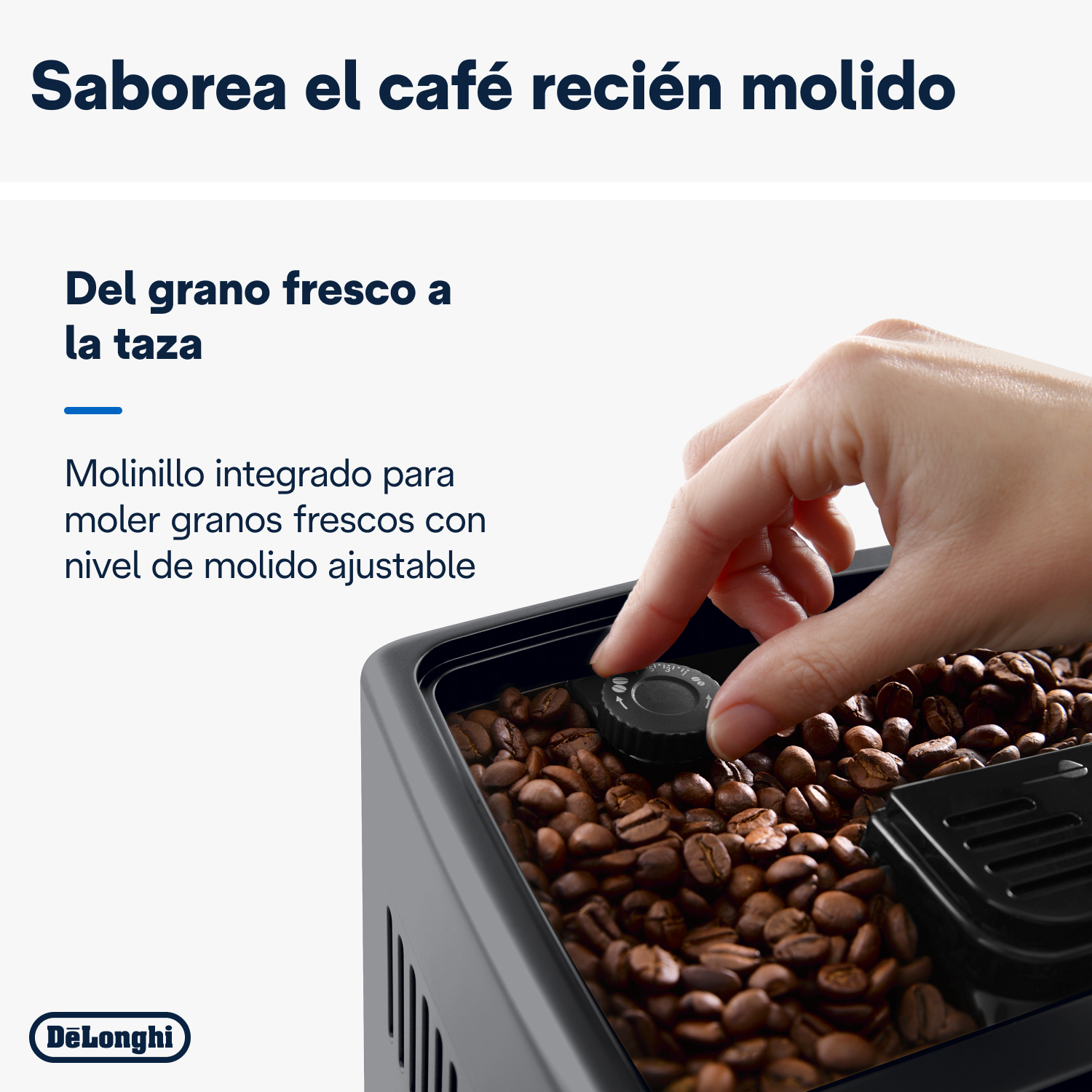 La mano de una persona gira un dial en un molinillo de café lleno de granos de café.