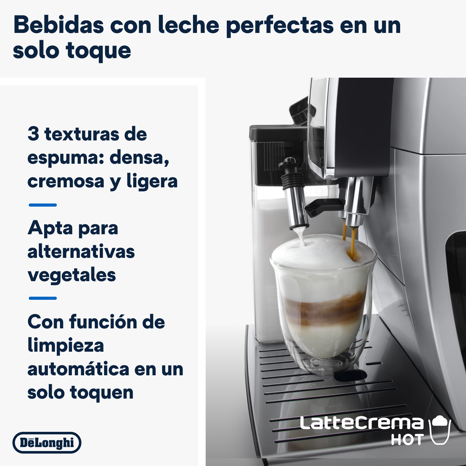 Una cafetera preparando un latte, con texto que describe características y espuma.