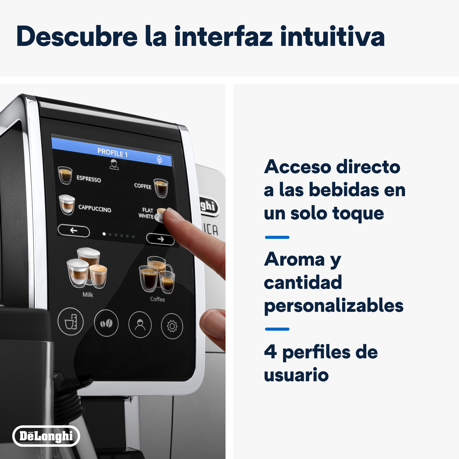 Cafetera con interfaz de pantalla táctil. El texto describe las funciones.