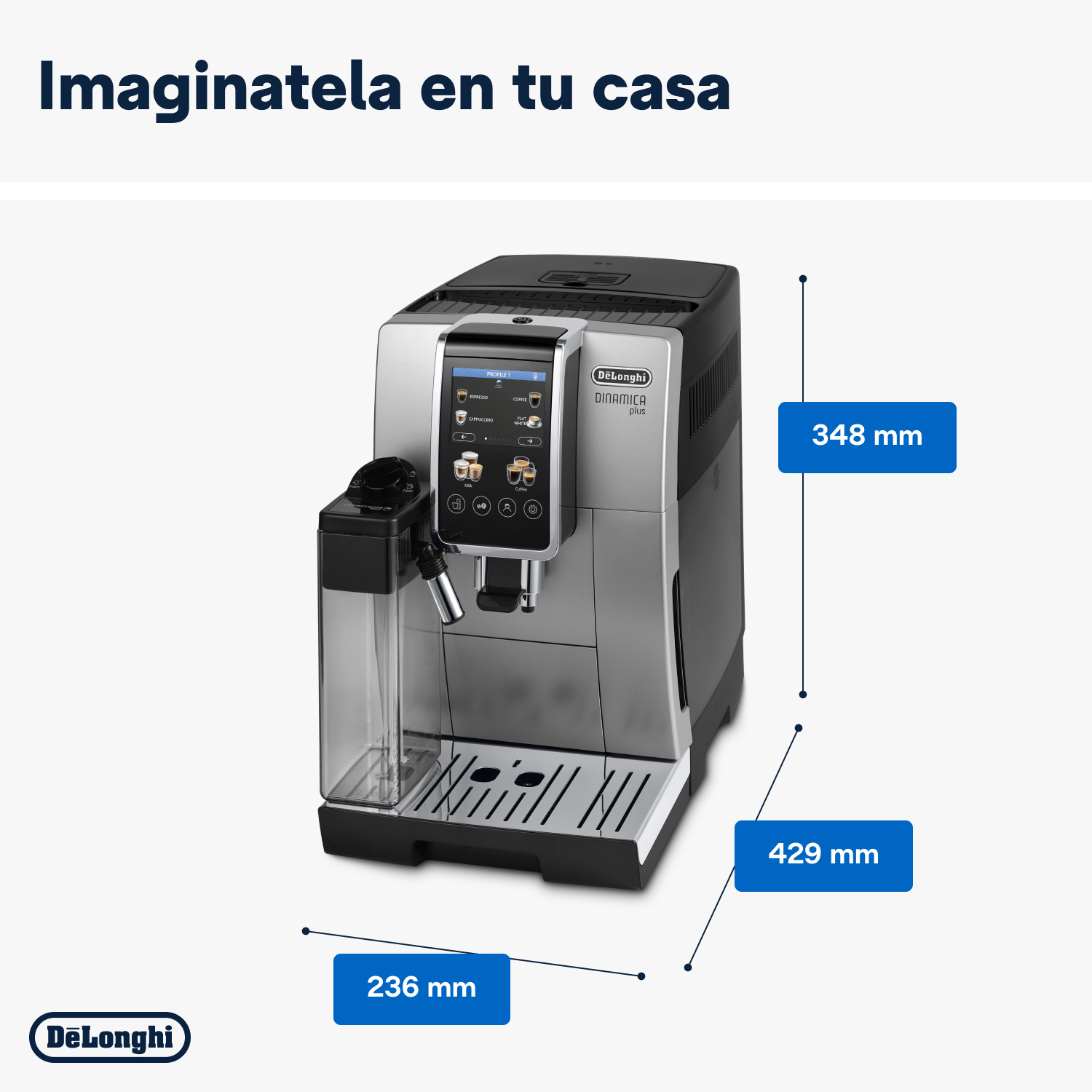 Máquina de espresso DeLonghi Dinamica Plus. Plata y negro, con dimensiones etiquetadas.