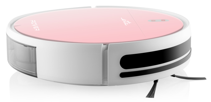 Egy fehér és rózsaszín robotporszívó fekete csíkkal és kefékkel.