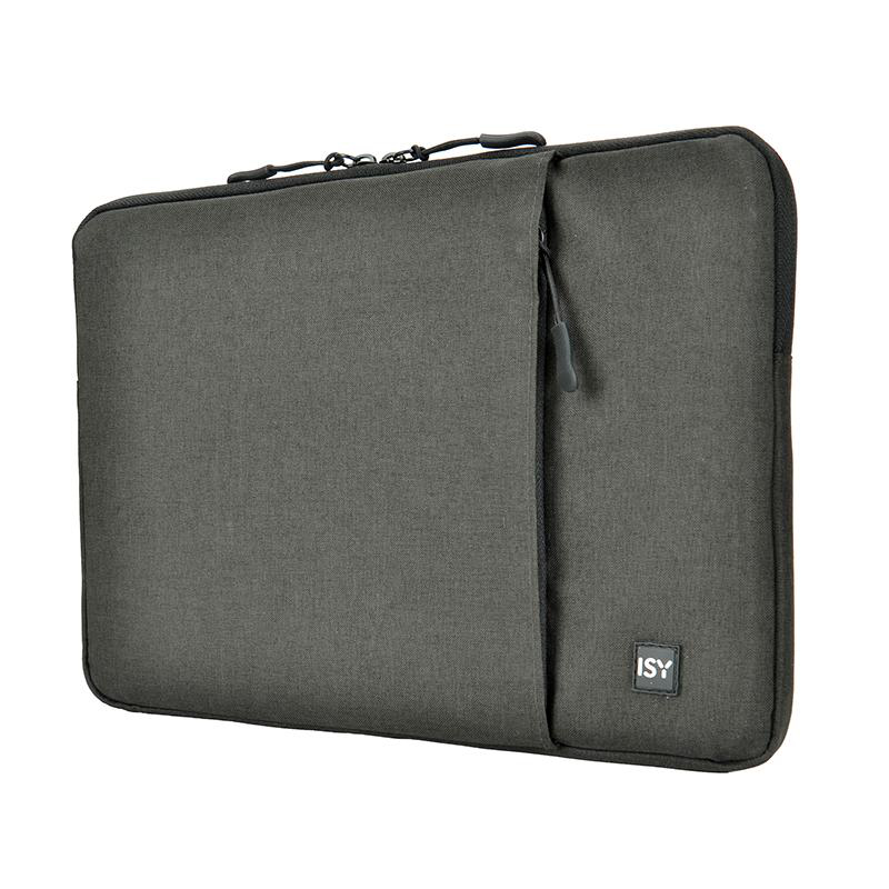Graue Laptoptasche mit Reißverschluss und der Marke 'ISY'.