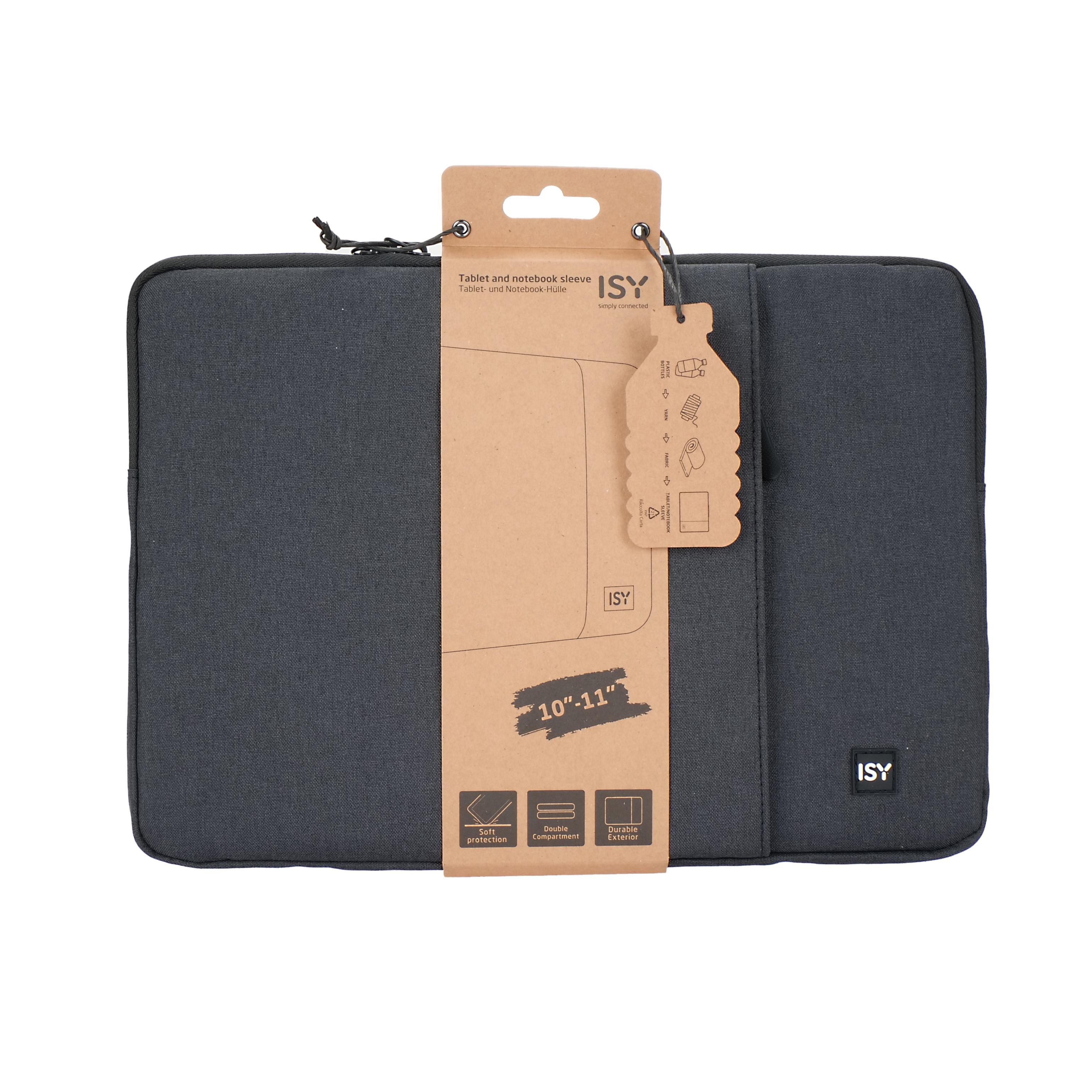 Tablet- und Notebook-Hülle mit braunem Etikett und den Worten 'ISY' auf der Vorderseite.