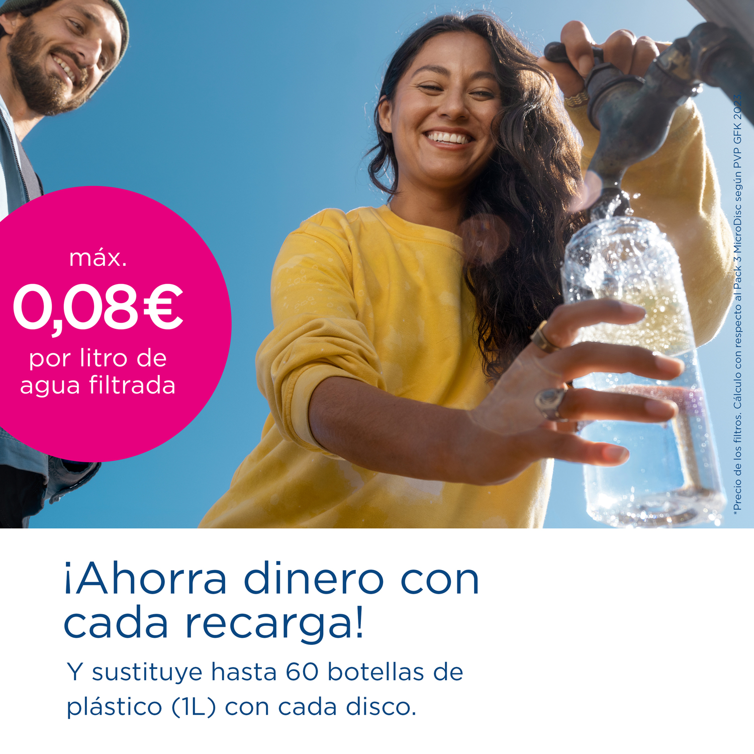 Personas cerca de un grifo vertiendo agua en una botella, con texto sobre ahorros.