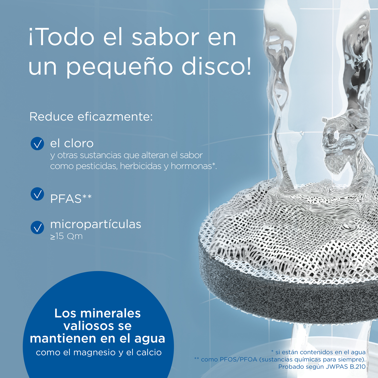 Anuncio de purificación de agua, mostrando agua, texto y un elemento filtrante.