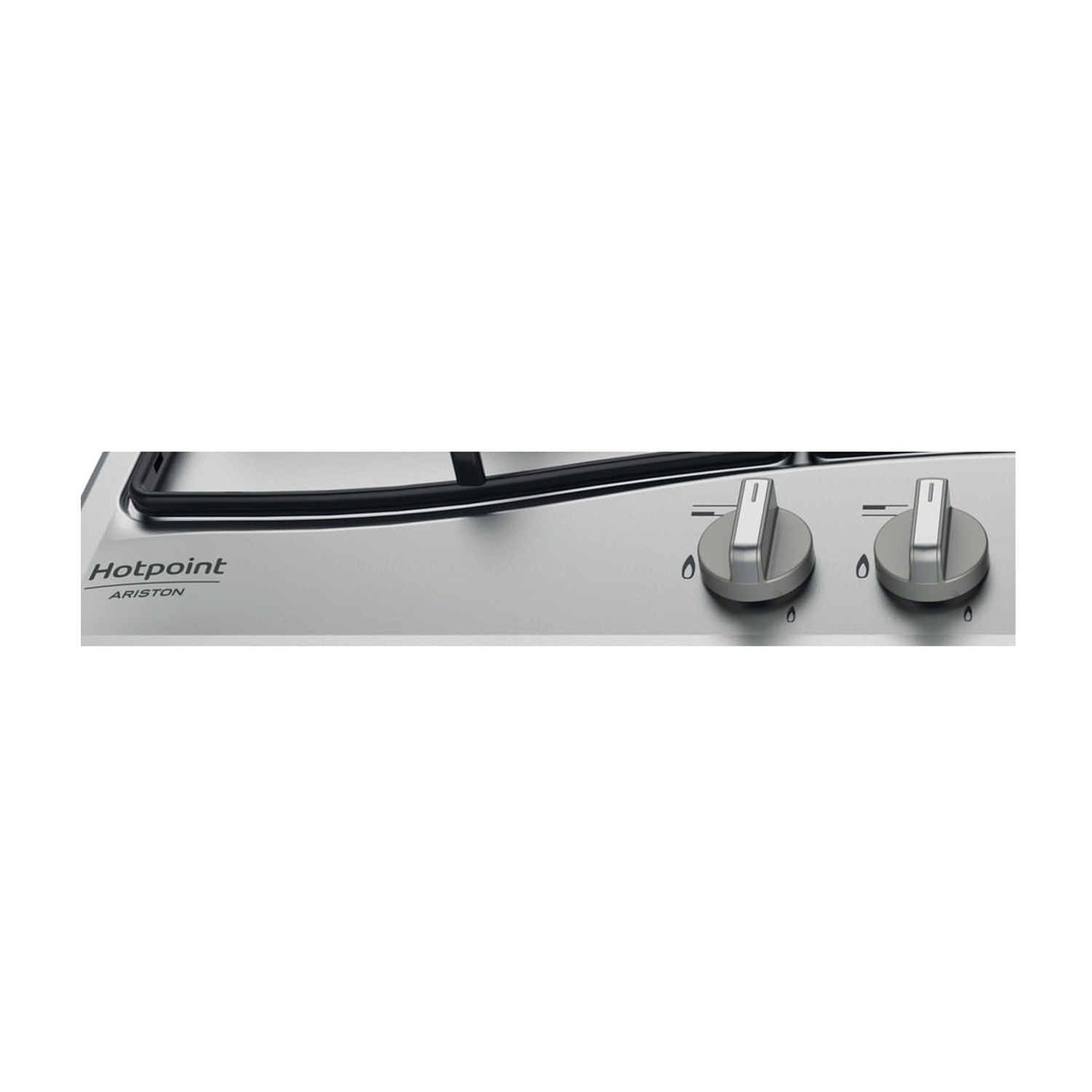 Piano cottura in acciaio inox con due manopole. Logo del marchio Hotpoint visibile.