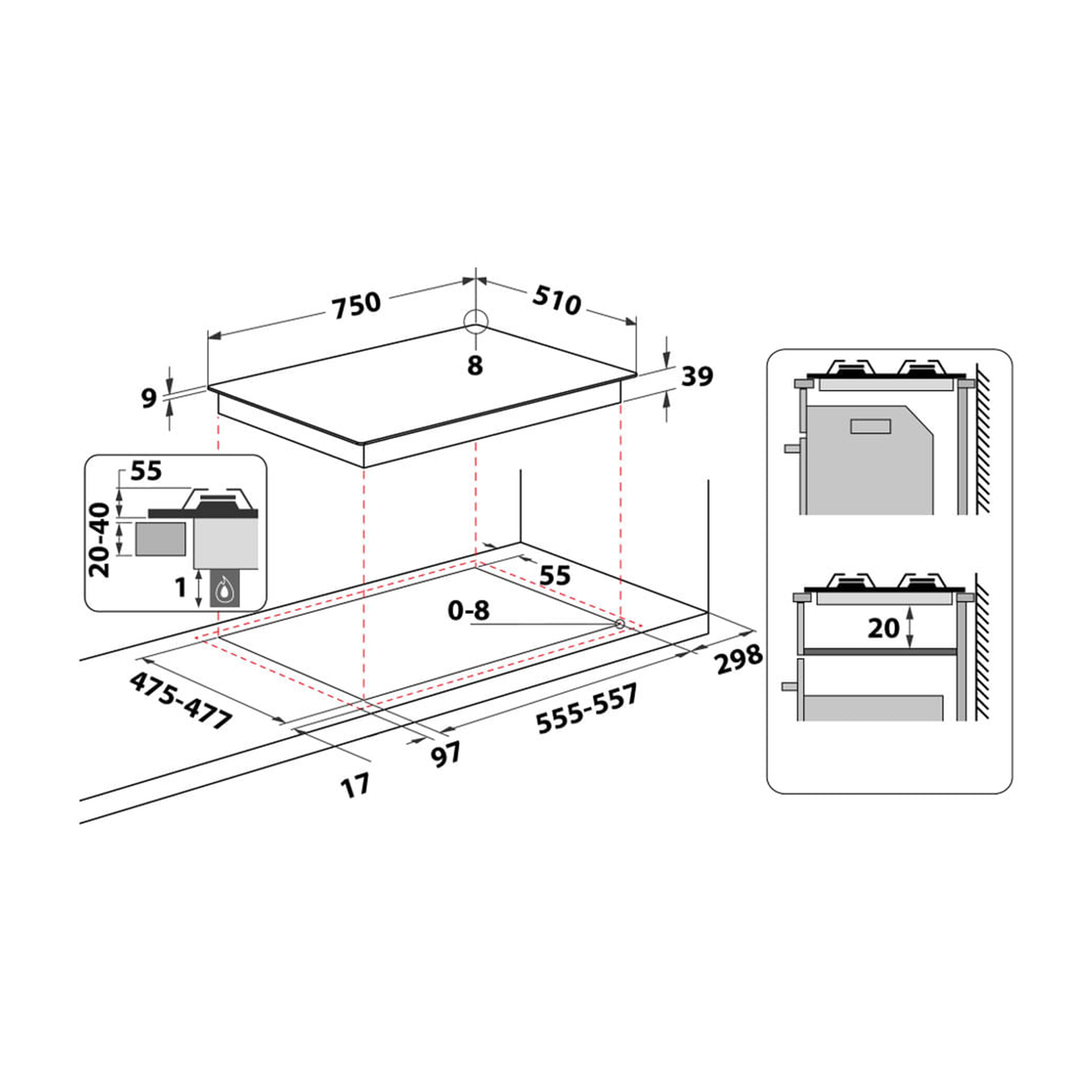 Disegno tecnico di un piano cottura a incasso. Dimensioni e dettagli etichettati.