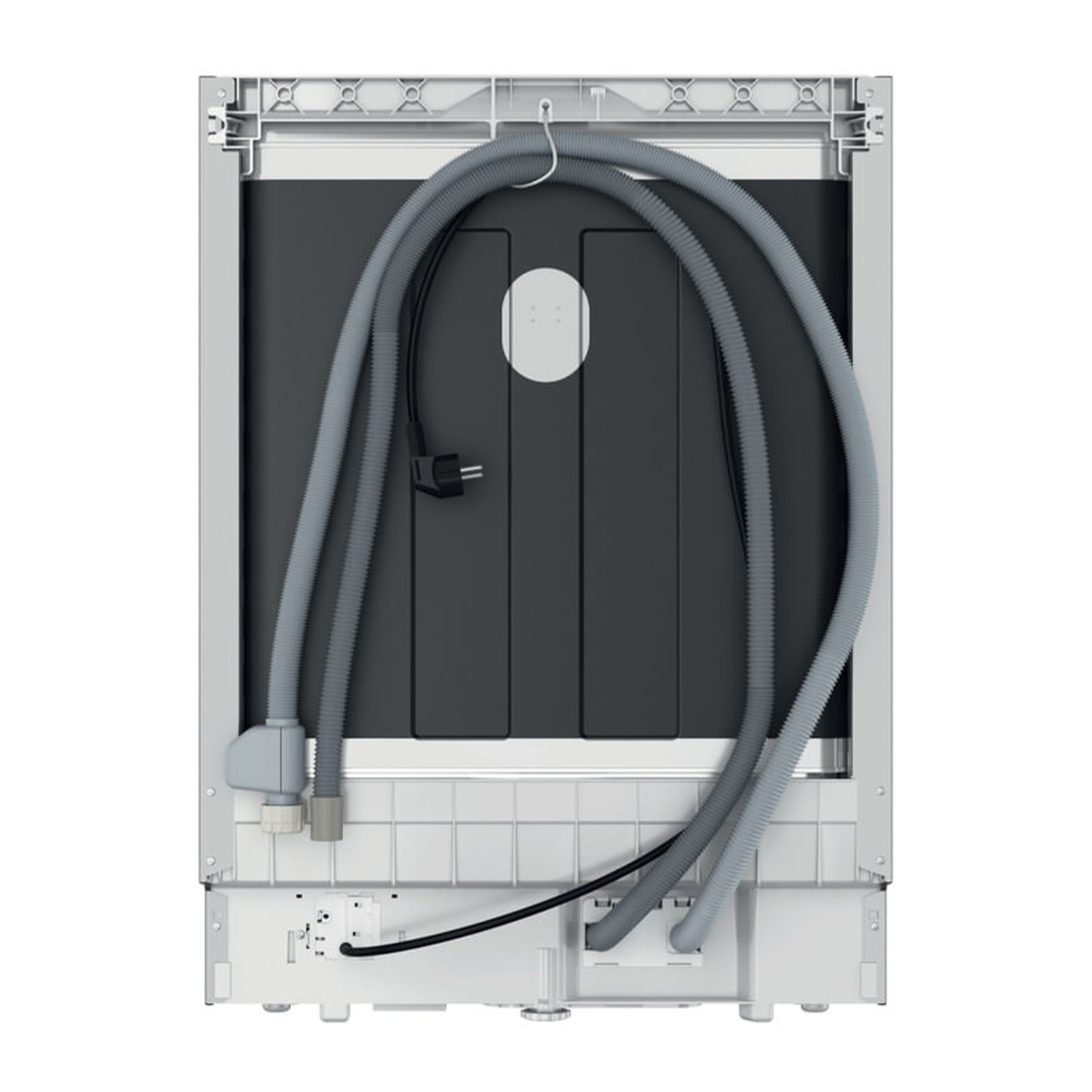 Retro di una lavastoviglie. Tubi e componenti elettrici visibili.