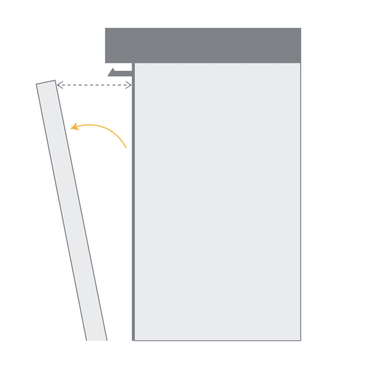 Diagramma di una porta della lavastoviglie aperta, con una freccia arancione che indica il movimento.