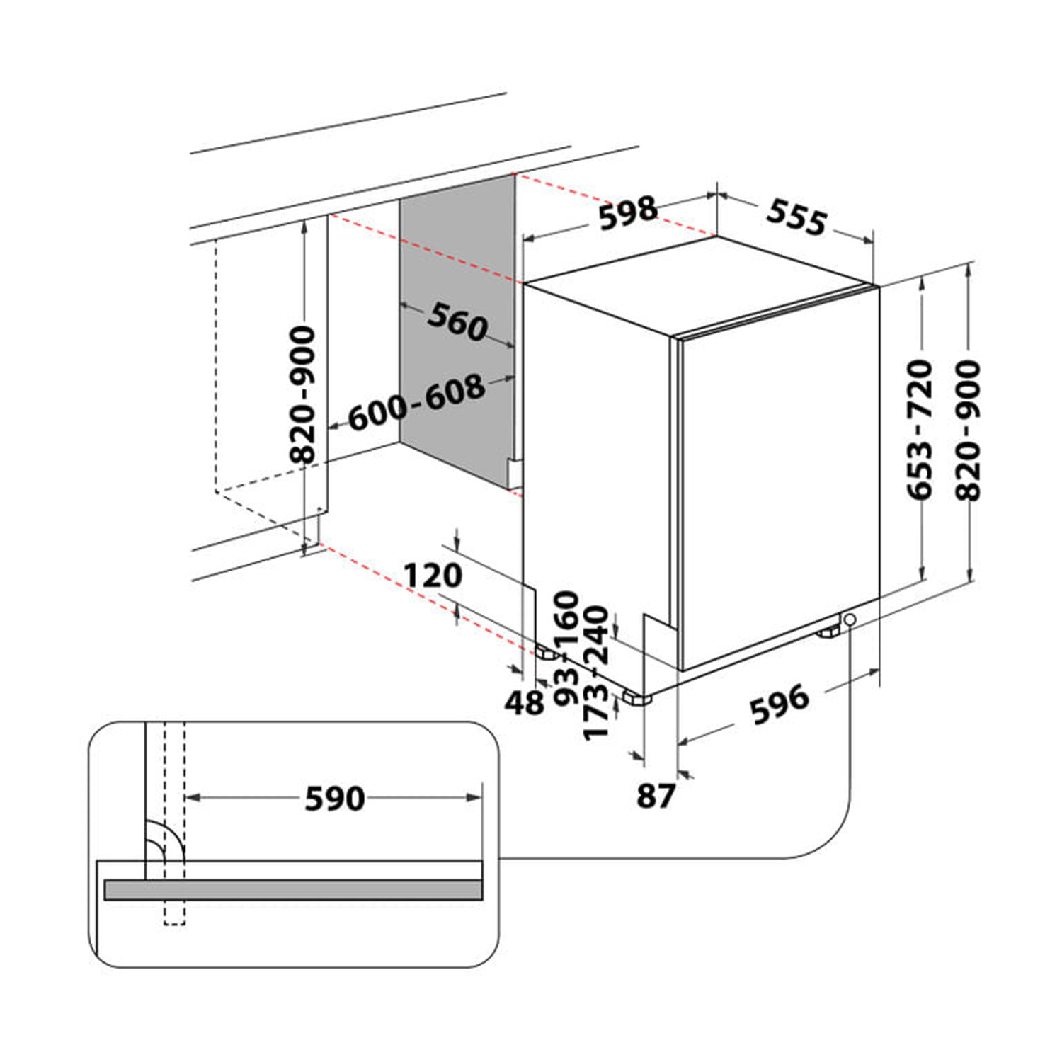Diagramma di una lavastoviglie, che mostra dimensioni e layout di installazione.