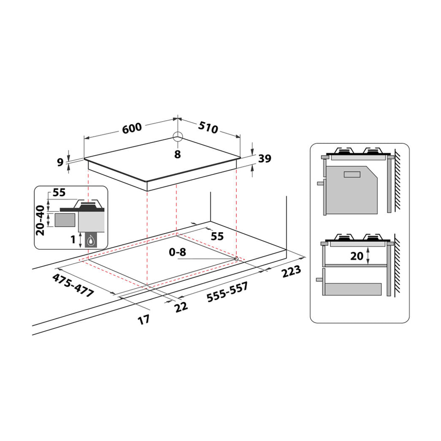 Schema di un piano cottura con dimensioni. Vista dall'alto con misure e dettagli.