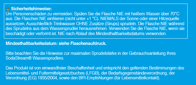 Text auf blauem Hintergrund mit Sicherheitshinweisen zu einer Flasche und der Verwendung mit Wasser.