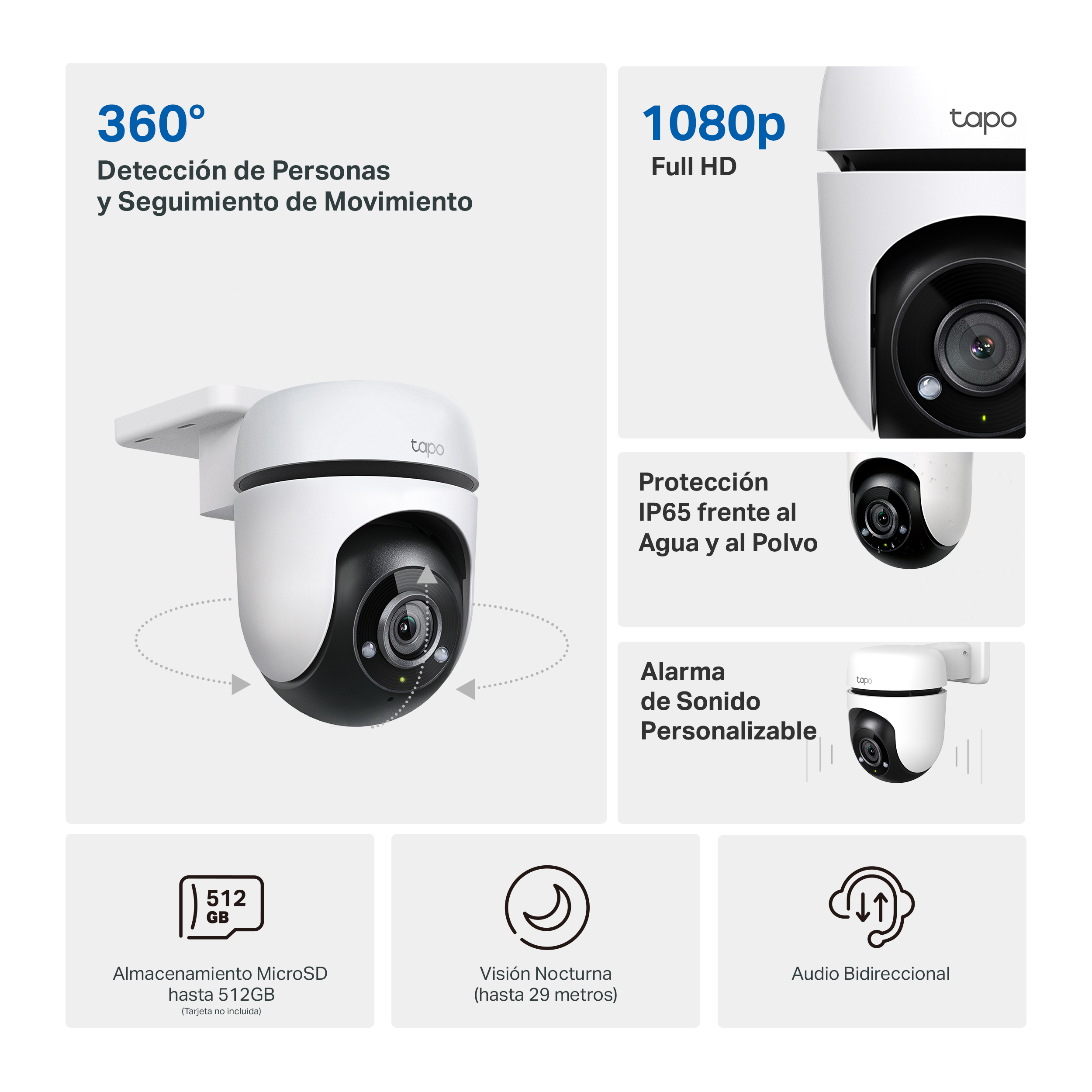 Cámara de seguridad blanca y negra con detección 360° y 1080p.