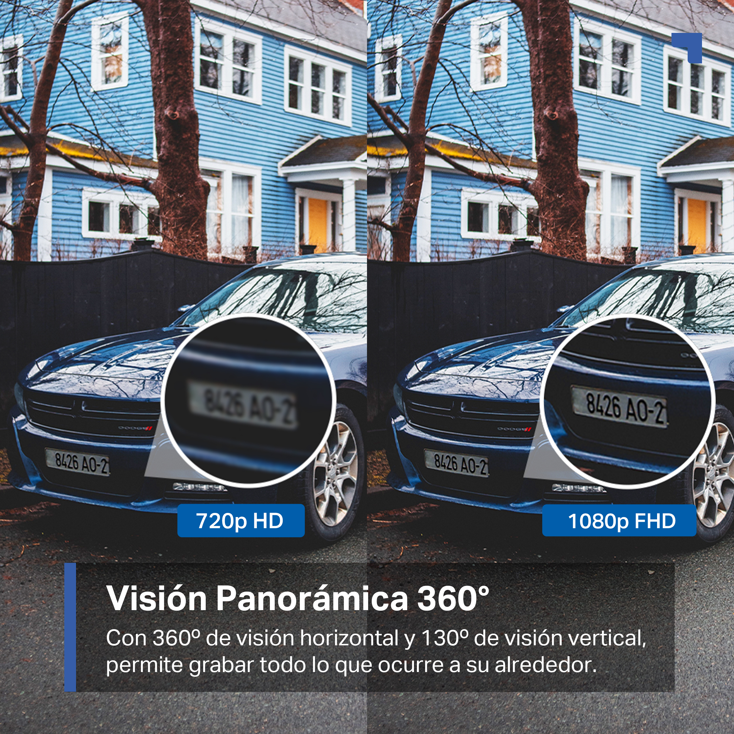 Un coche con dos imágenes comparando 720p HD y 1080p FHD.