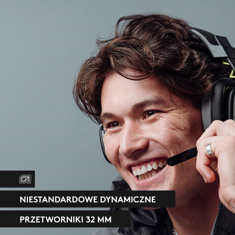 Uśmiechnięty mężczyzna w słuchawkach. Tekst po polsku: Niestandardowe przetworniki dynamiczne, przetworniki 32 mm.