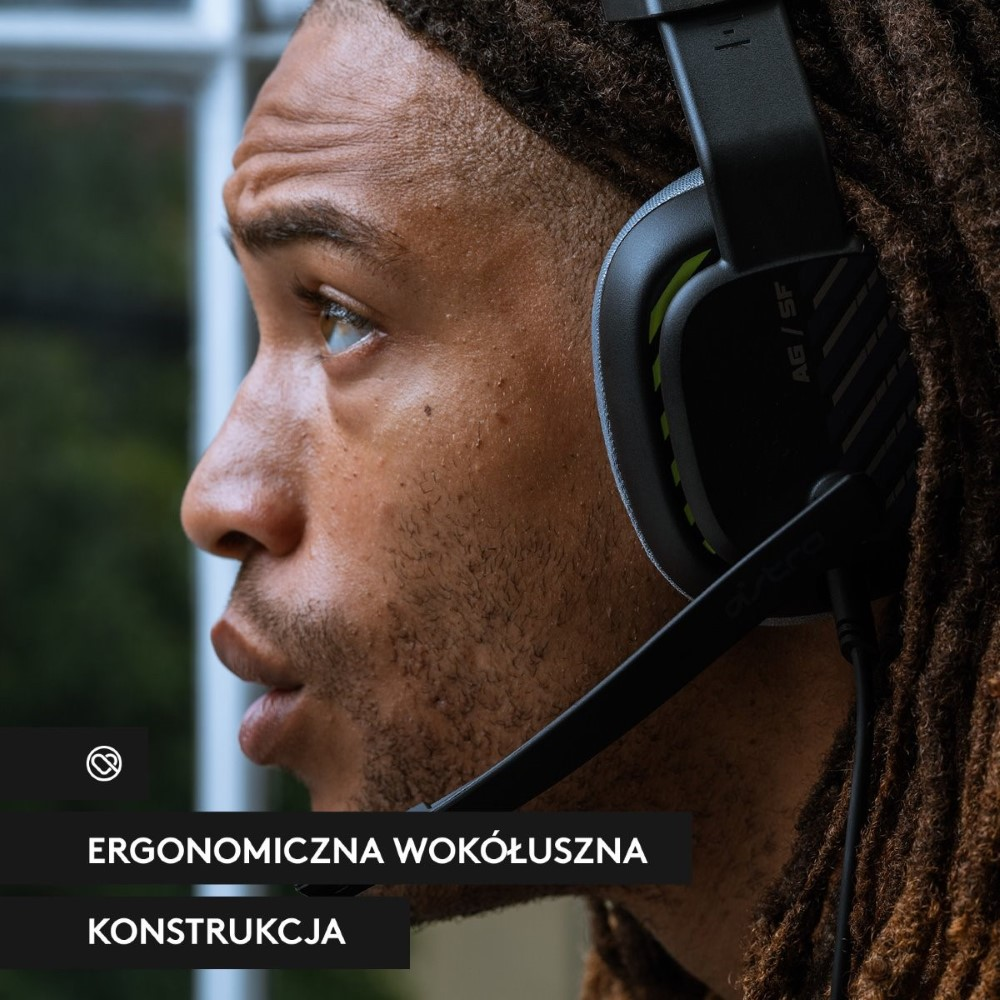 Zbliżenie mężczyzny w zestawie słuchawkowym dla graczy, z tekstem o ergonomicznym designie.