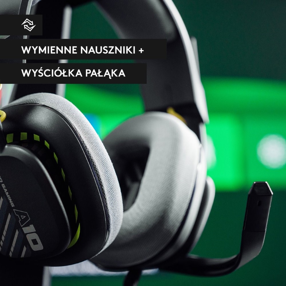 Zestaw słuchawkowy z mikrofonem i zielonym tłem z tekstem.