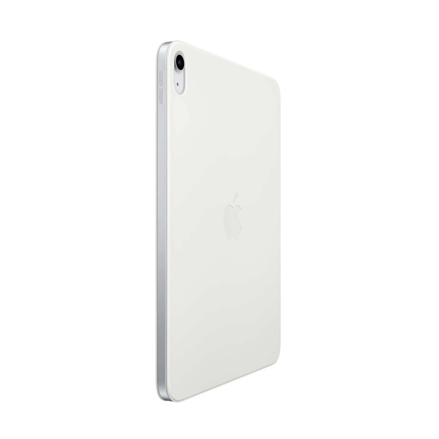 White iPad Mini, angled view showing the Apple logo on the back, isolated on white.