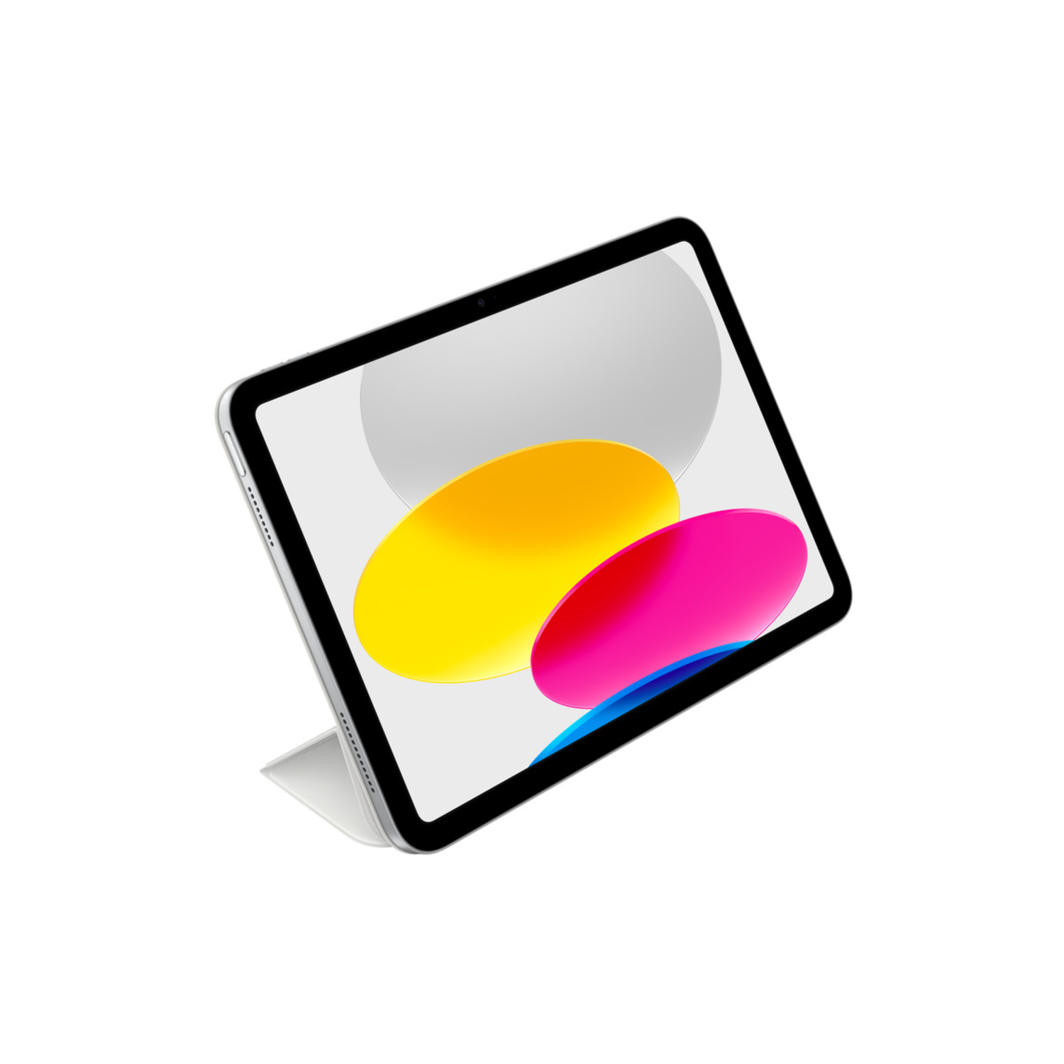 Tablet on a stand, angled. Screen displays colorful shapes. White background.