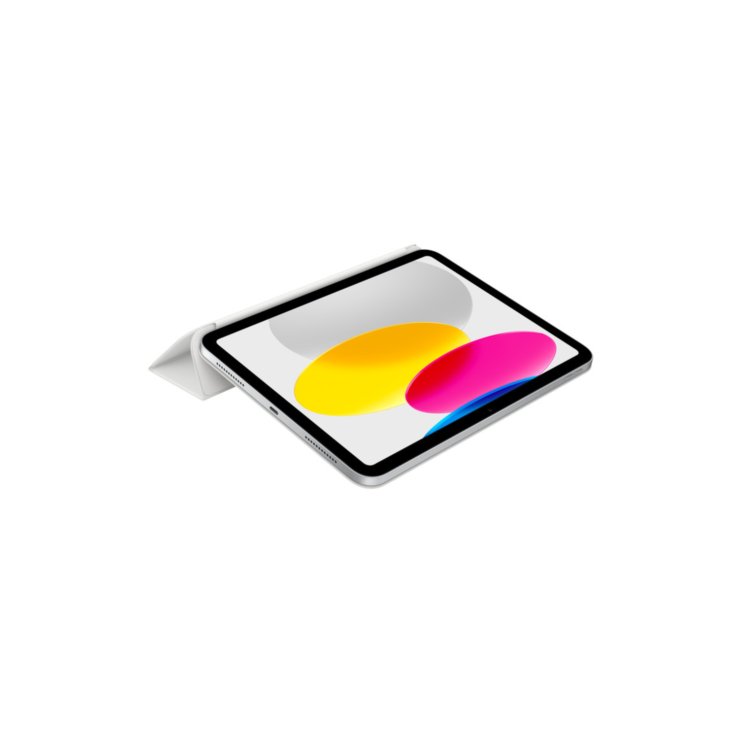 Tablet in a case, with a colorful screen showing yellow and pink.