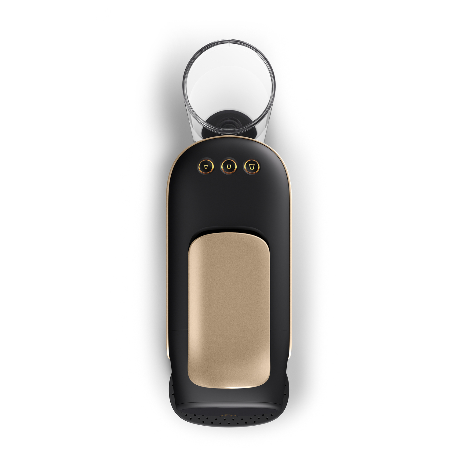 Top-down view of a black and gold coffee machine with a glass carafe.