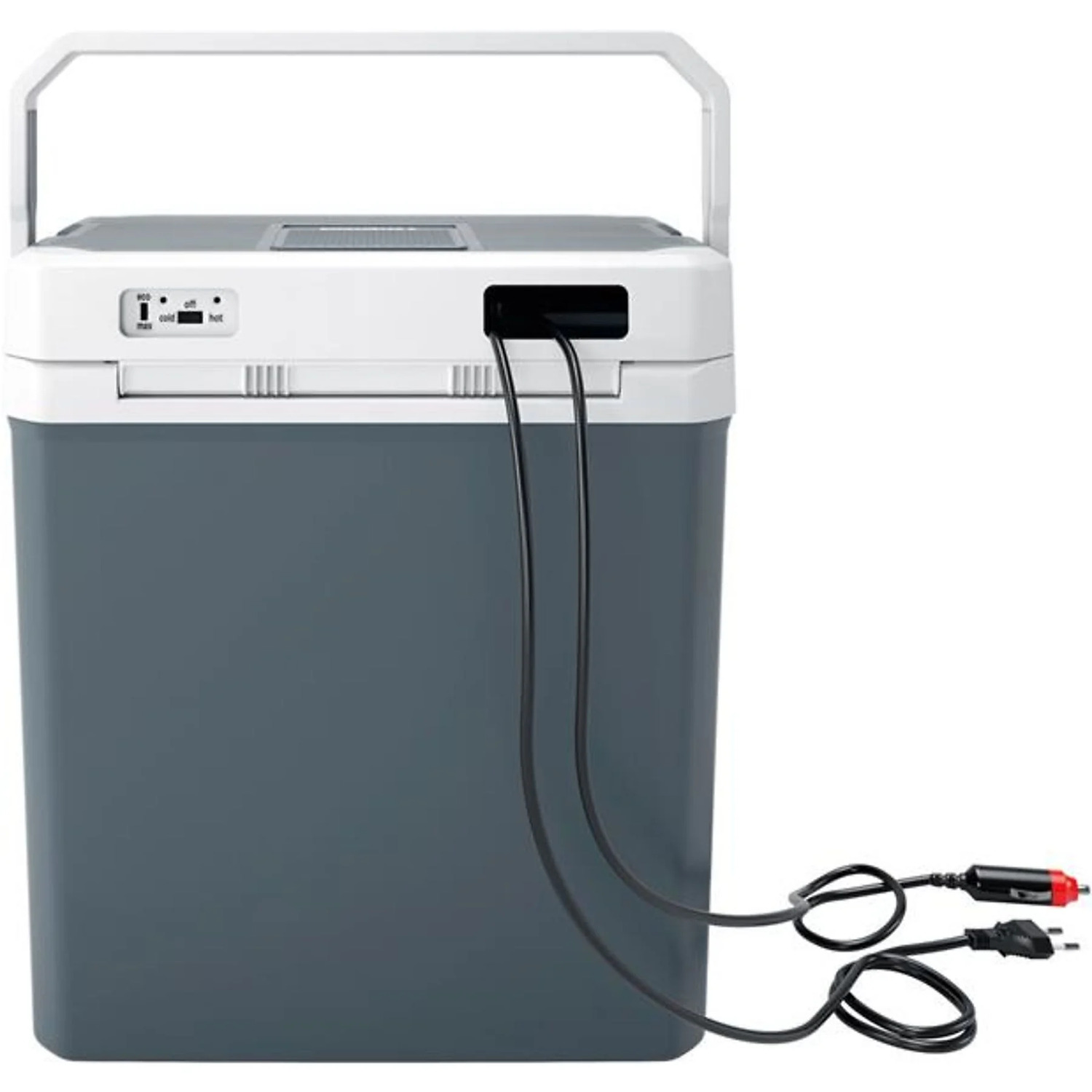 A grey and white portable cooler with power cords, and a handle, sitting on a white surface.